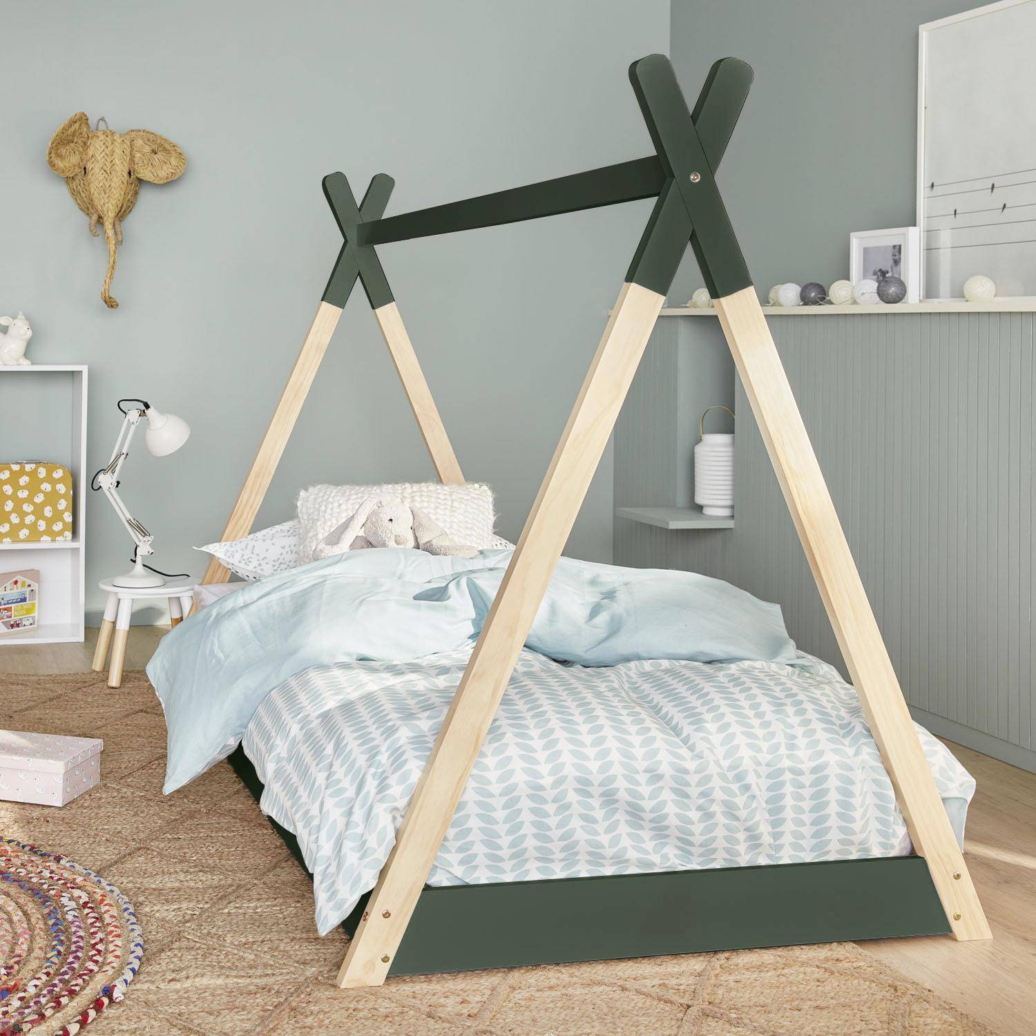 Cama tipi infantil de pino natural con base, 90cm, Tobias, Verde, 196x100x136.5 cm Photo1
