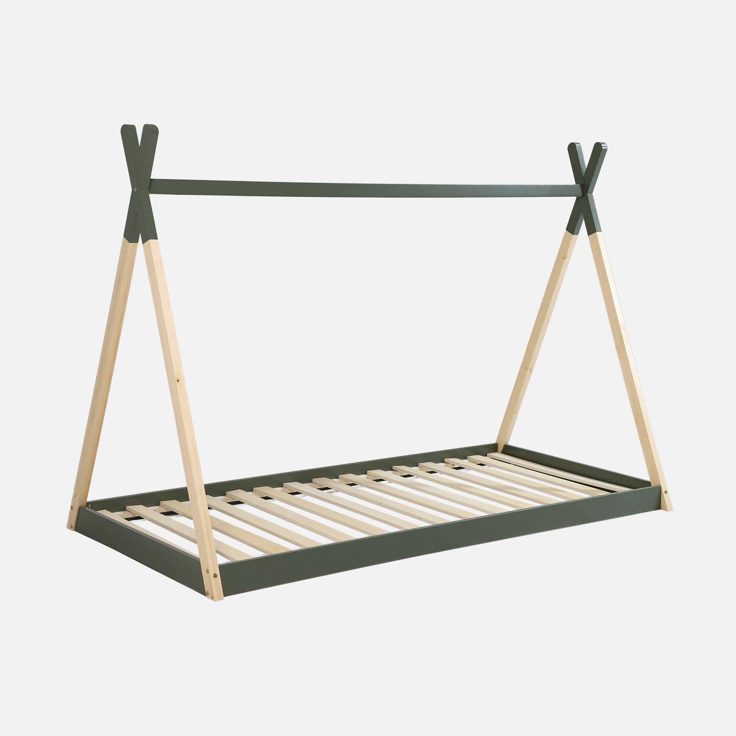 Cama tipi infantil de pino natural con base, 90x190cm, Tobias, Verde, 196x100x136.5 cm Photo1