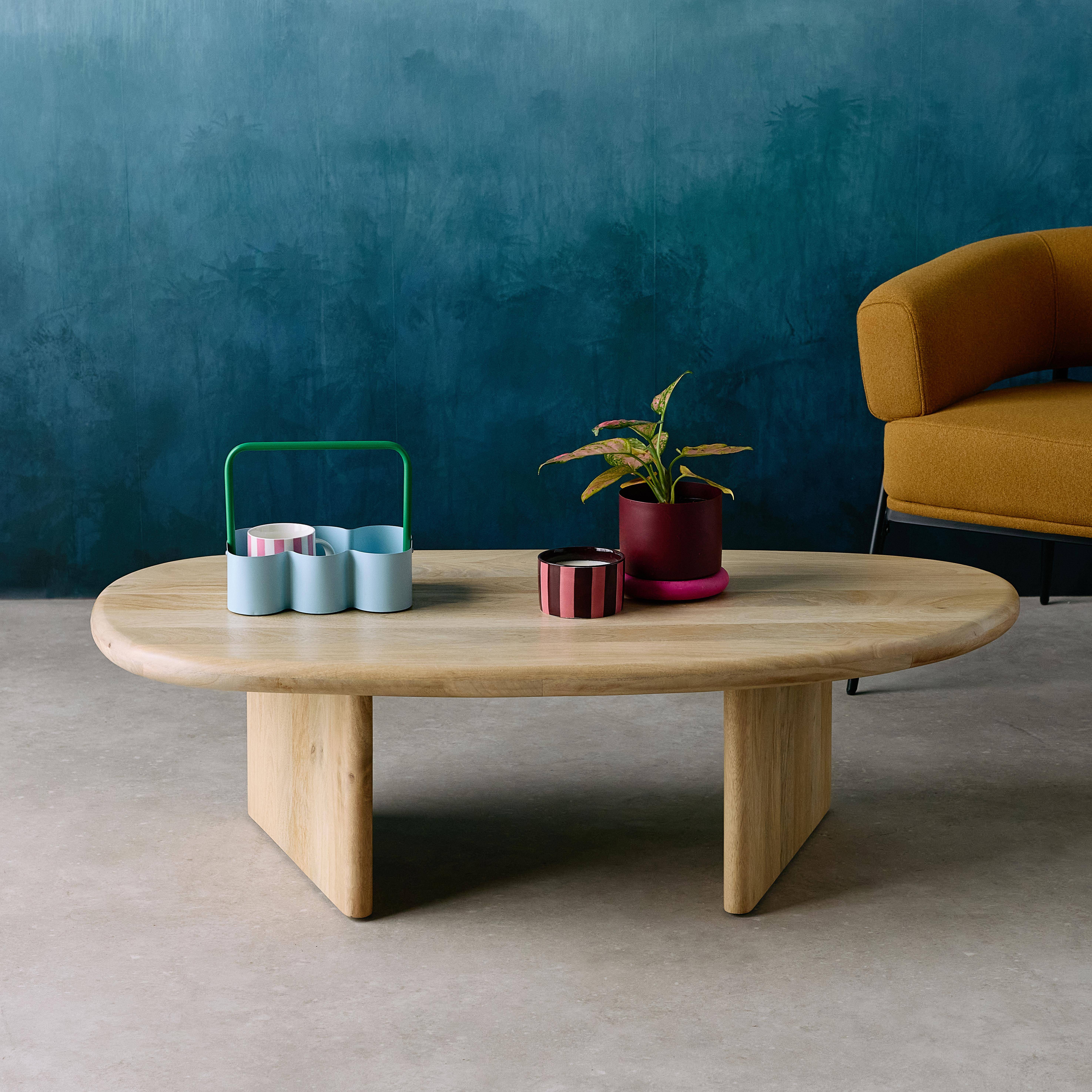 Mesa de centro ovalada de madera de mango maciza, Shiva, Natural, 120x60x35 cm Photo1
