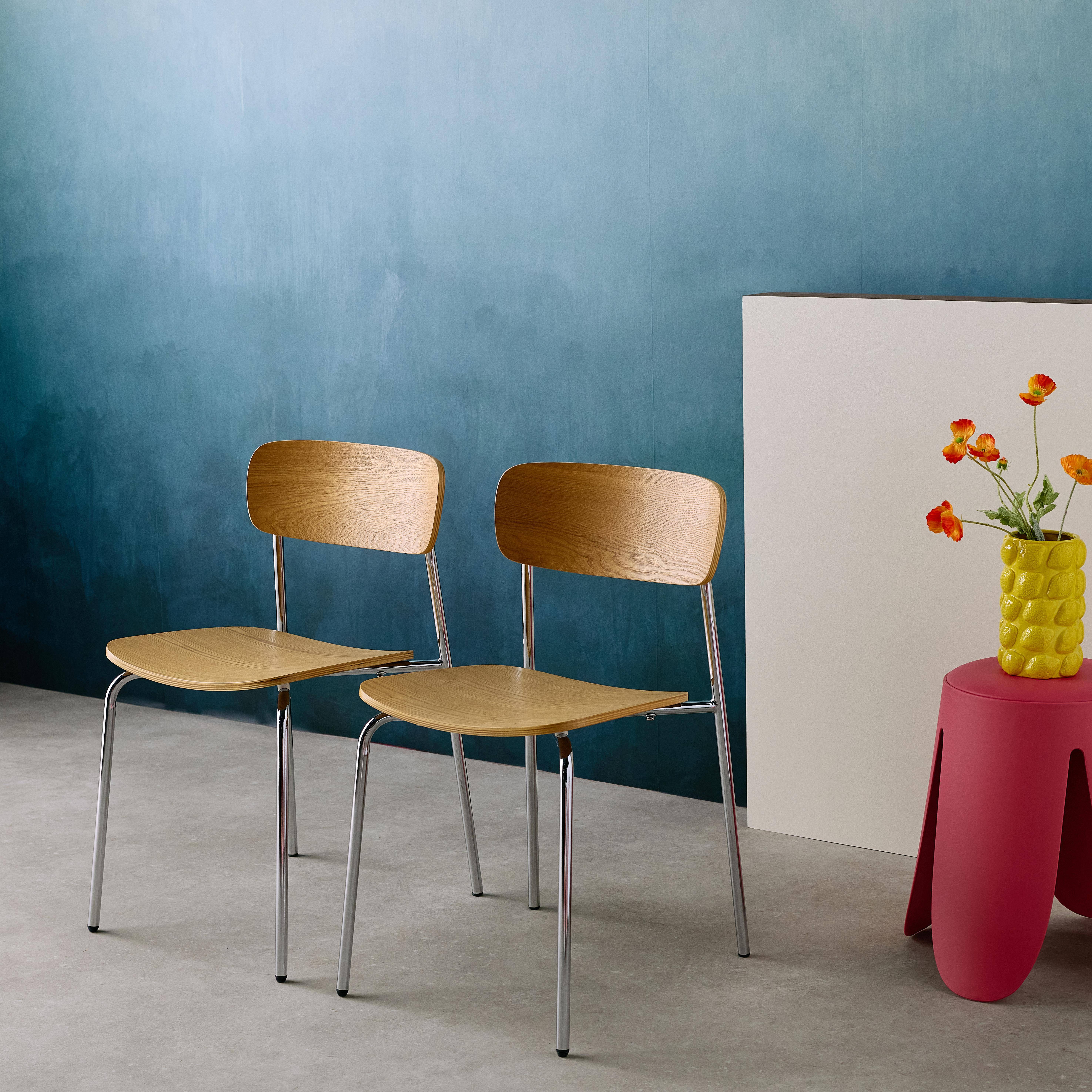 Lot de 2 chaises vintage contreplaqué avec placage bois effet frêne et pieds métal chromé L 43.5 x P 51 x H 77cm - Toby,sweeek,Photo2