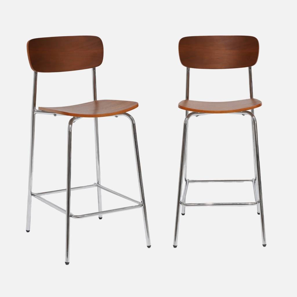 Tabouret de bar vintage effet noyer et pieds métal chromé (lot de 2)