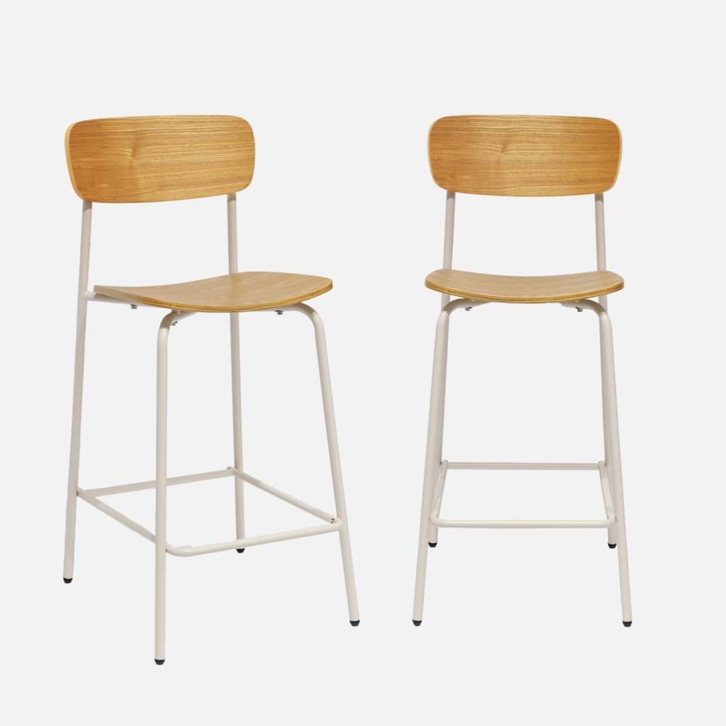 Set di 2 sgabelli da bar vintage metallo e compensato, Beige
