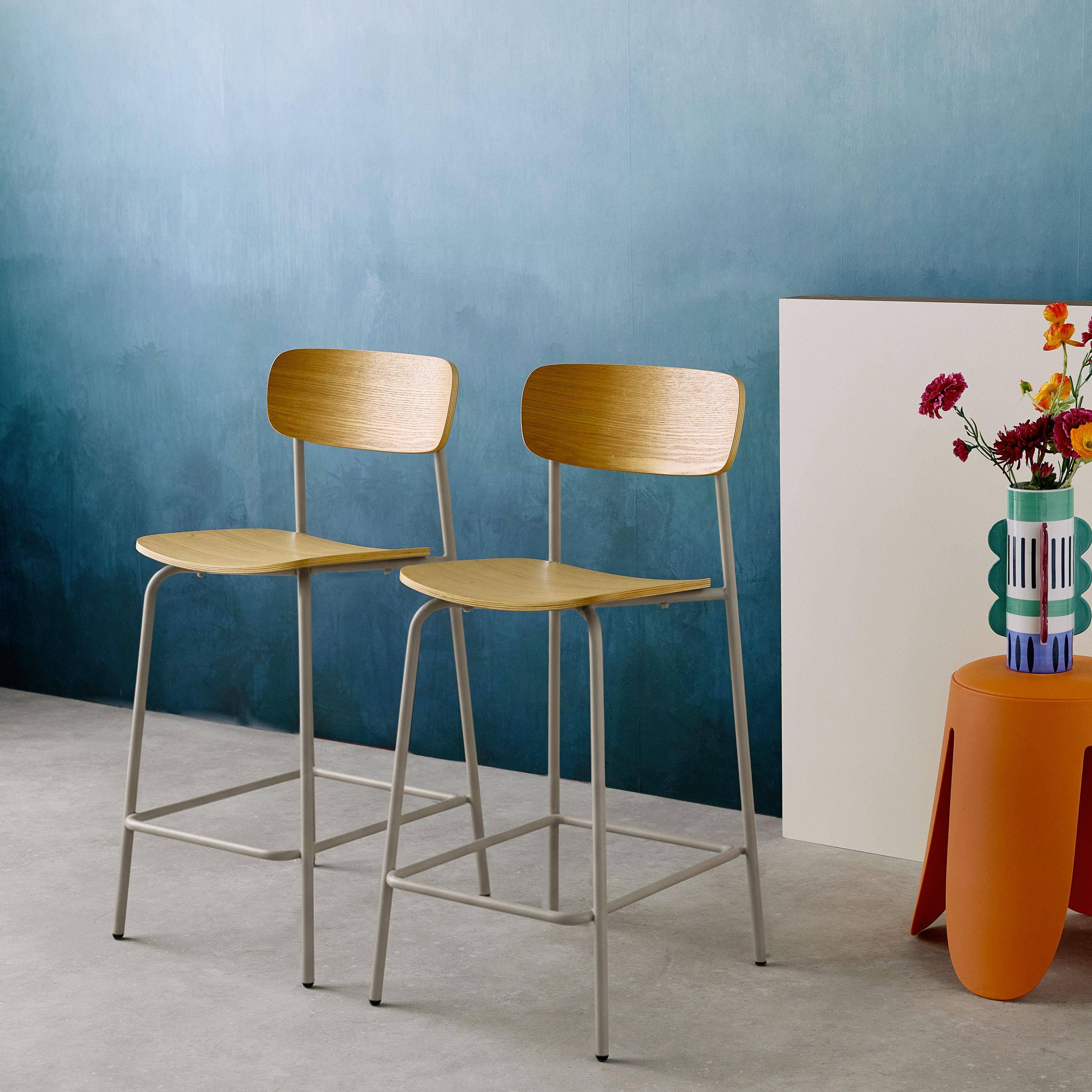 Lot de 2 tabourets de bar vintage contreplaqué avec placage bois effet frêne et pieds métal beige L 42.5 x P 50 x H 94cm - Toby Photo2