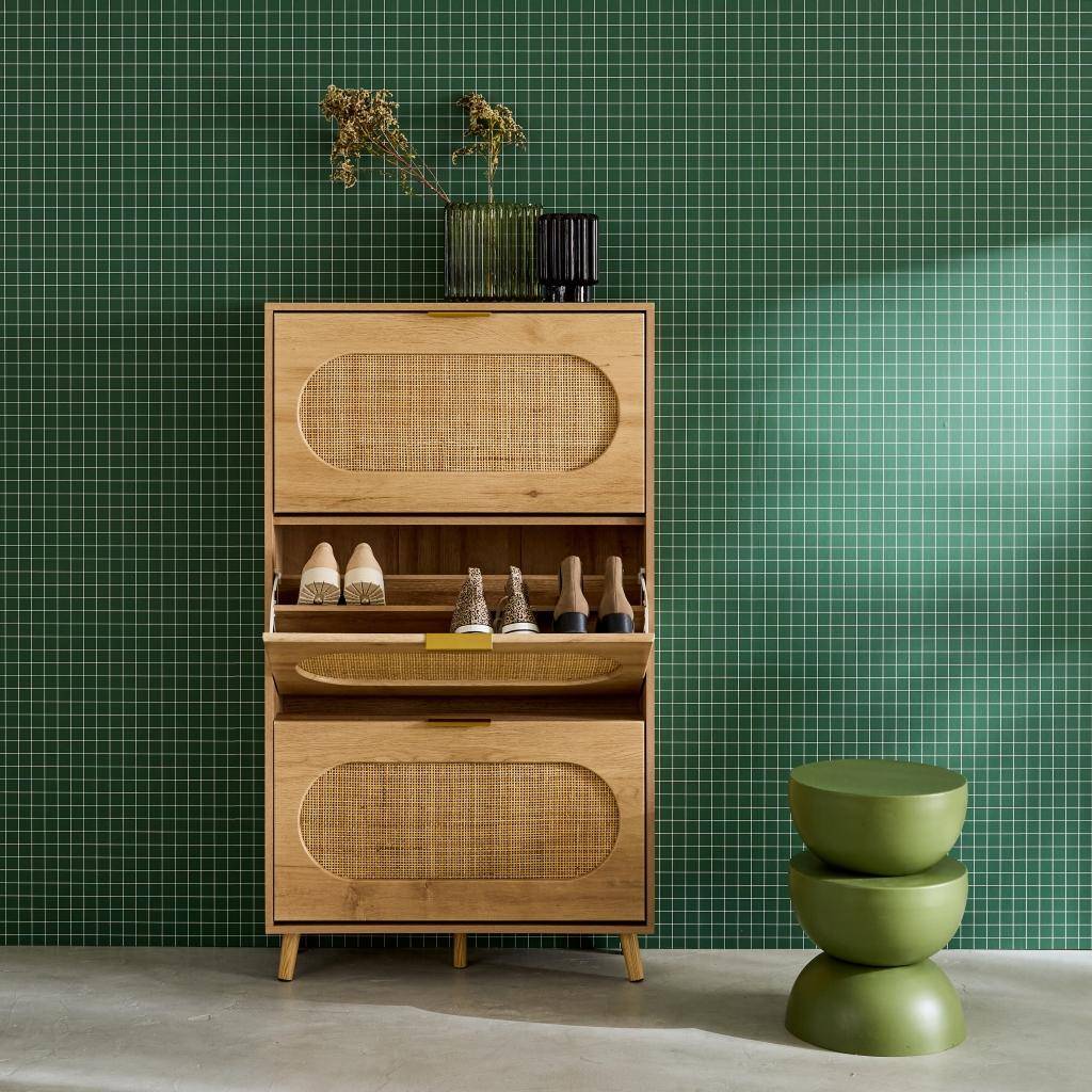 Schoenenkast 3 kleplades houtlook en rotan 75cm naturel - Eva,sweeek,Photo2