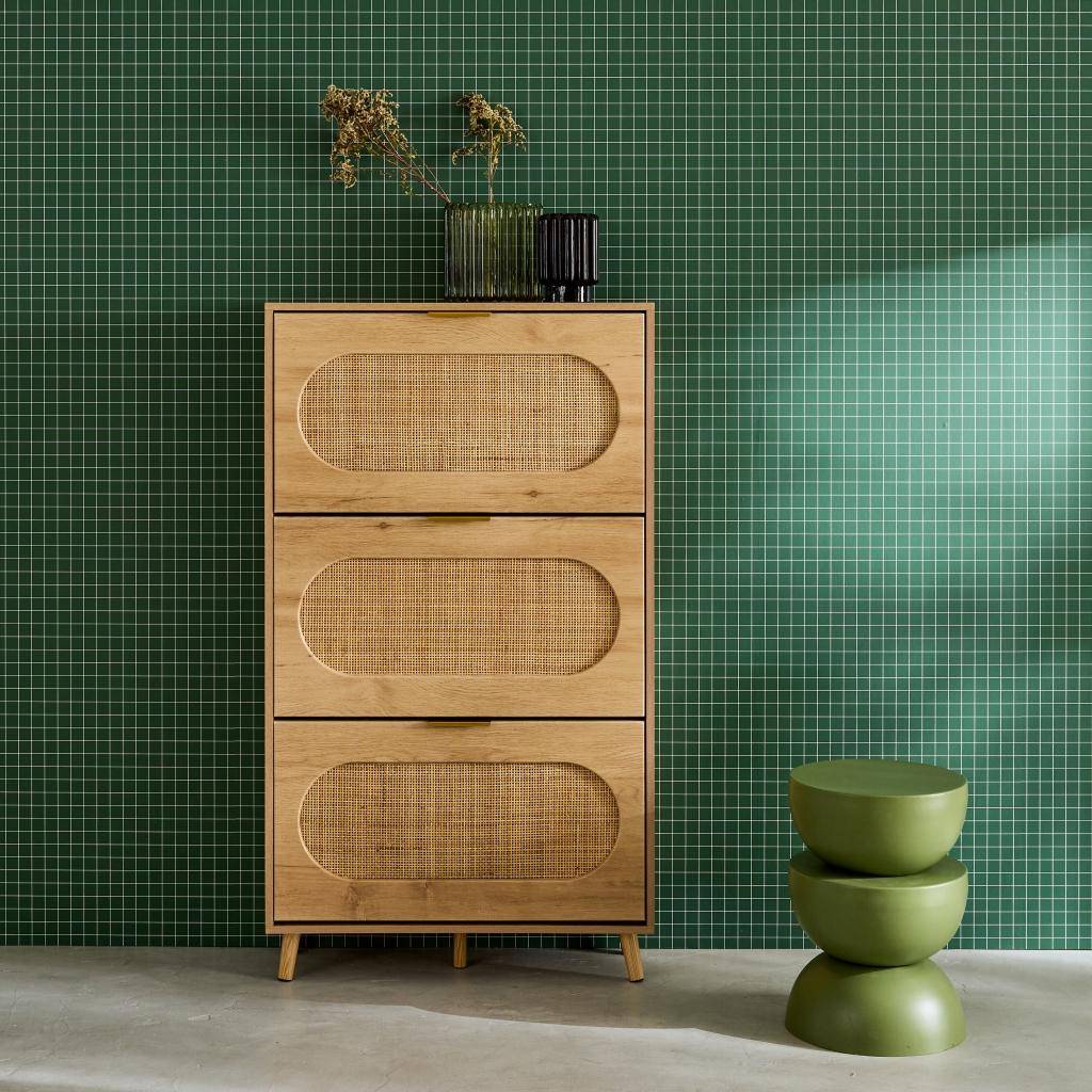 Schoenenkast 3 kleplades houtlook en rotan 75cm naturel - Eva,sweeek,Photo1