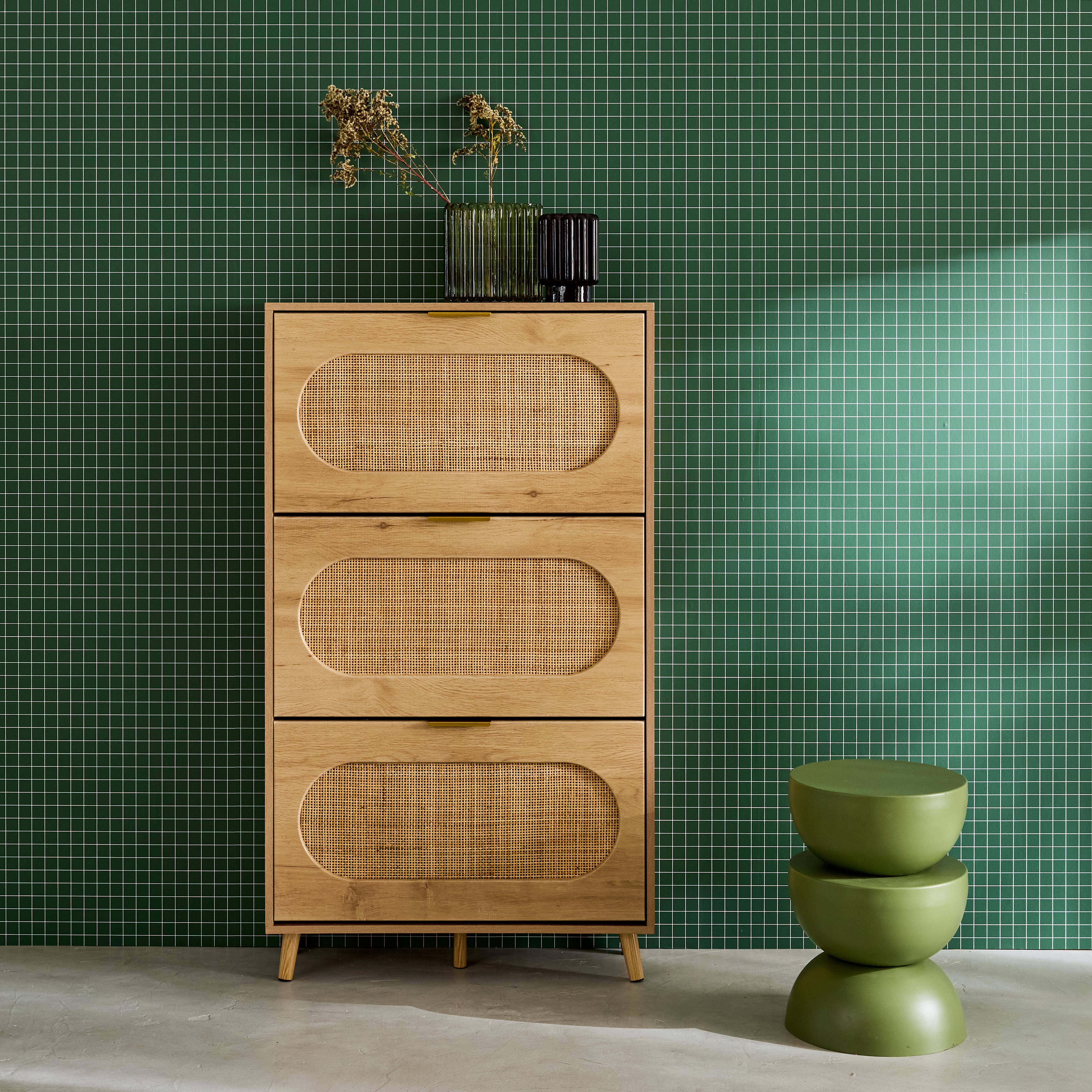 Mobile portascarpe decorazione legno e impagliatura 3 cassetti, Eva, Marrone naturale, 75x26x131 cm,sweeek,Photo1