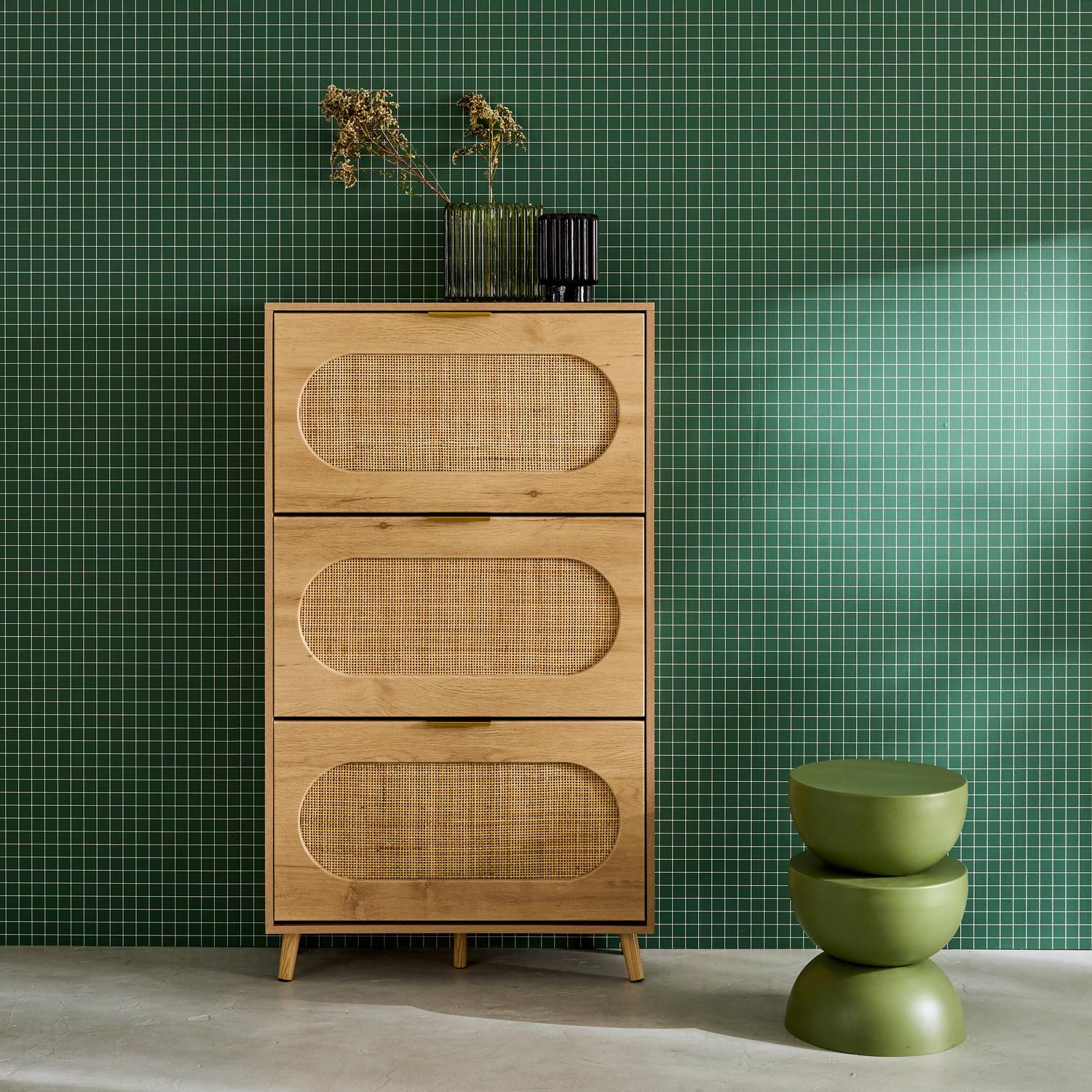 Mobile portascarpe decorazione legno e impagliatura 3 cassetti, Eva, Marrone naturale, 75x26x131 cm Photo1 Mobile portascarpe decorazione legno e impagliatura 3 cassetti, Eva, Marrone naturale, 75x26x131 cm Photo1
