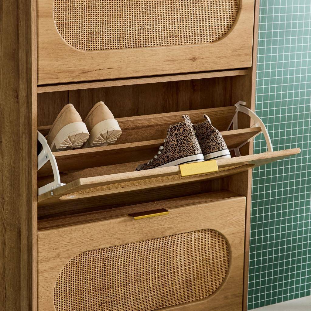 Schoenenkast 3 kleplades houtlook en rotan 75cm naturel - Eva Photo3