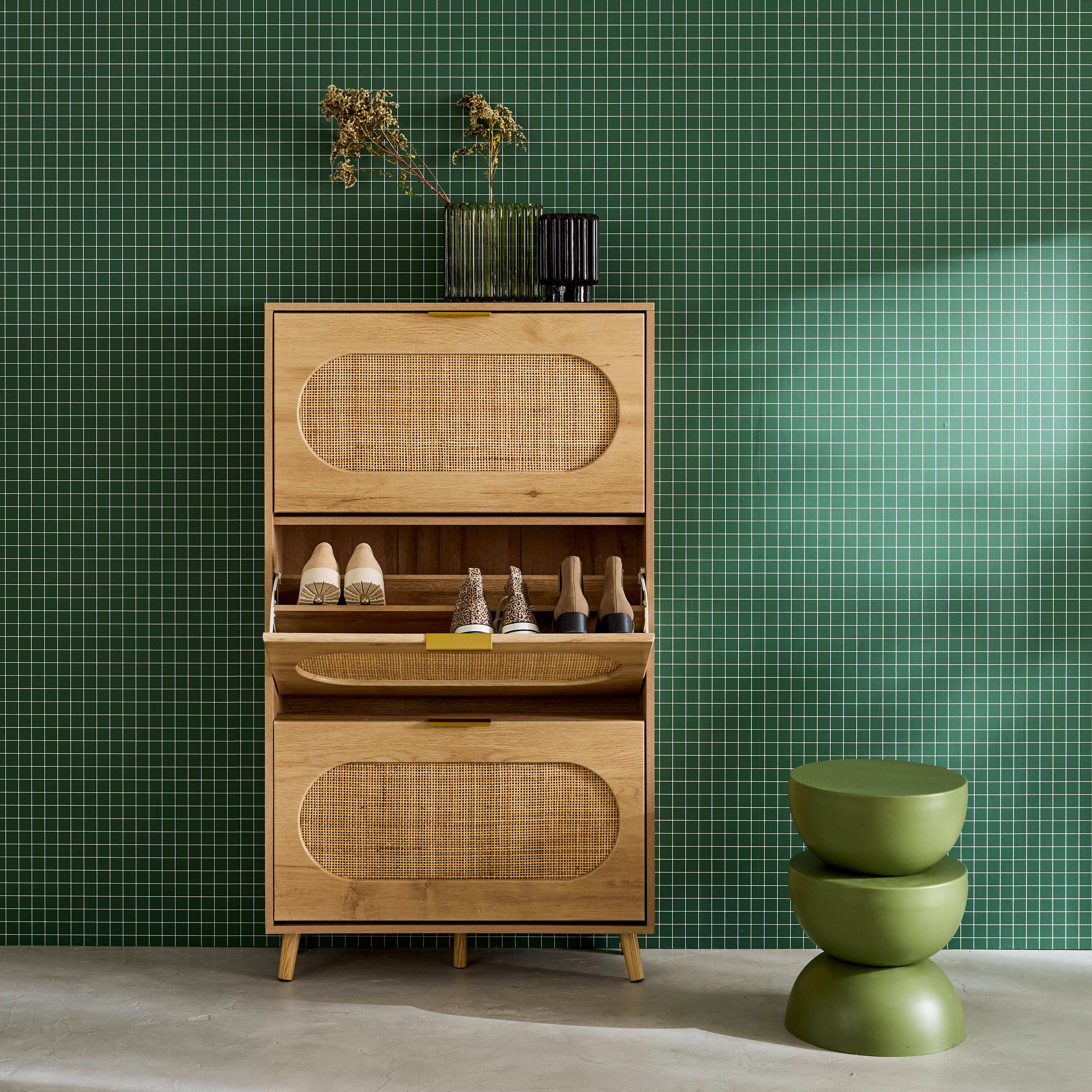 Mobile portascarpe decorazione legno e impagliatura 3 cassetti, Eva, Marrone naturale, 75x26x131 cm,sweeek,Photo2