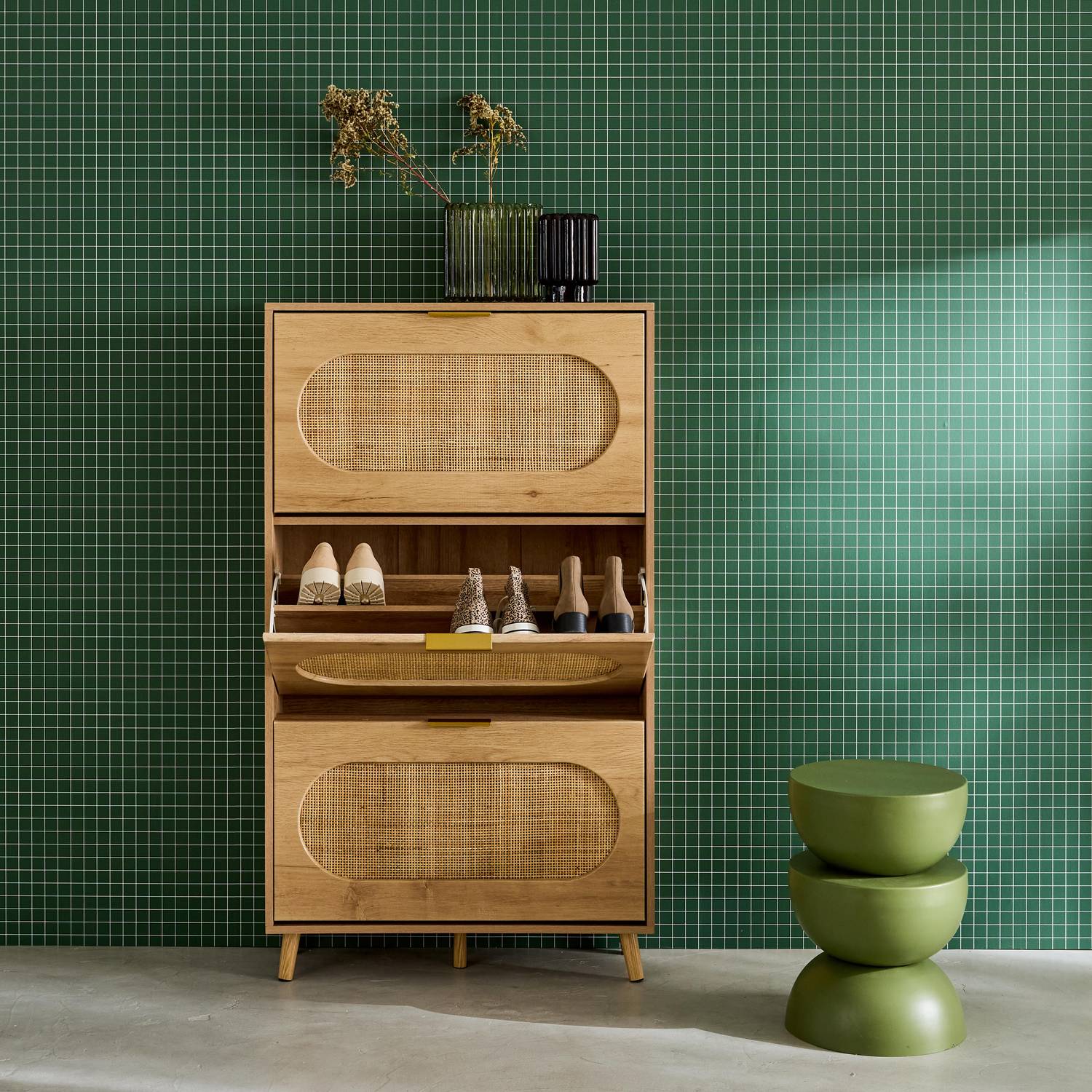 Mobile portascarpe decorazione legno e impagliatura 3 cassetti, Eva, Marrone naturale, 75x26x131 cm Photo2 Mobile portascarpe decorazione legno e impagliatura 3 cassetti, Eva, Marrone naturale, 75x26x131 cm Photo2
