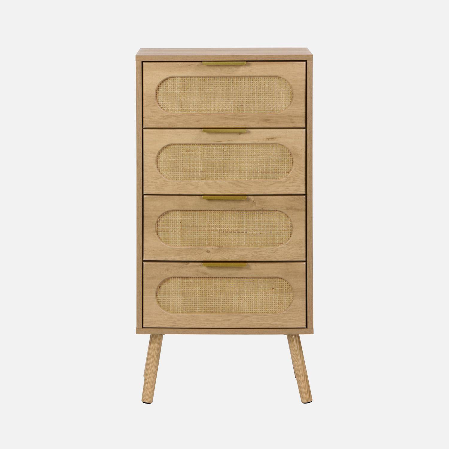 Commode chiffonnier effet bois et cannage 4 tiroirs naturel, poignée en métal doré - L 48 x P 39,5 x H 96 cm - Eva Photo2