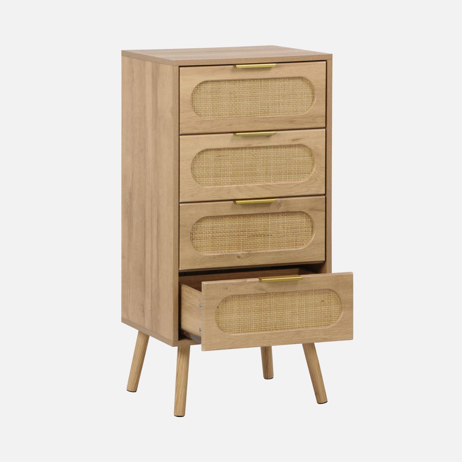 Commode chiffonnier effet bois et cannage 4 tiroirs naturel, poignée en métal doré - L 48 x P 39,5 x H 96 cm - Eva Photo3