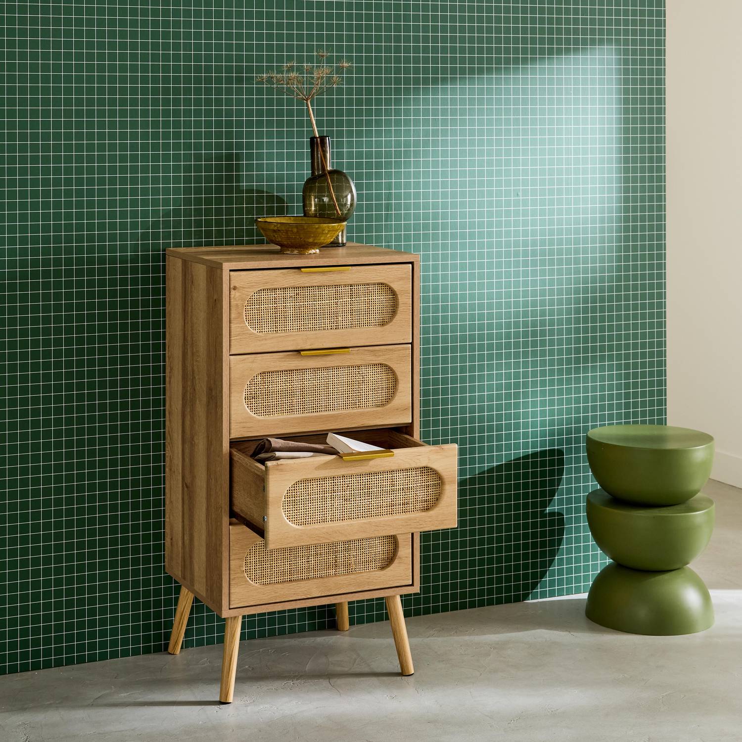 Dressoir ladekast houtlook en vlechtwerk 4 lades natuurlijk, handgreep in goudkleurig metaal - L 48 x B 39,5 x H 96 cm - Eva Photo2 Dressoir ladekast houtlook en vlechtwerk 4 lades natuurlijk, handgreep in goudkleurig metaal - L 48 x B 39,5 x H 96 cm - Eva Photo2