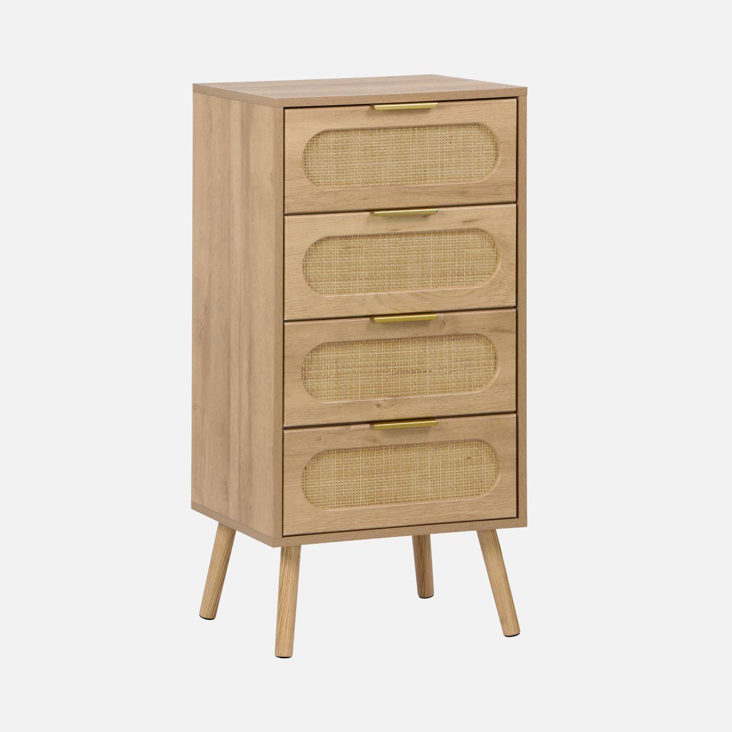 Commode chiffonnier effet bois et cannage 4 tiroirs naturel, poignée en métal doré - L 48 x P 39,5 x H 96 cm - Eva Photo1