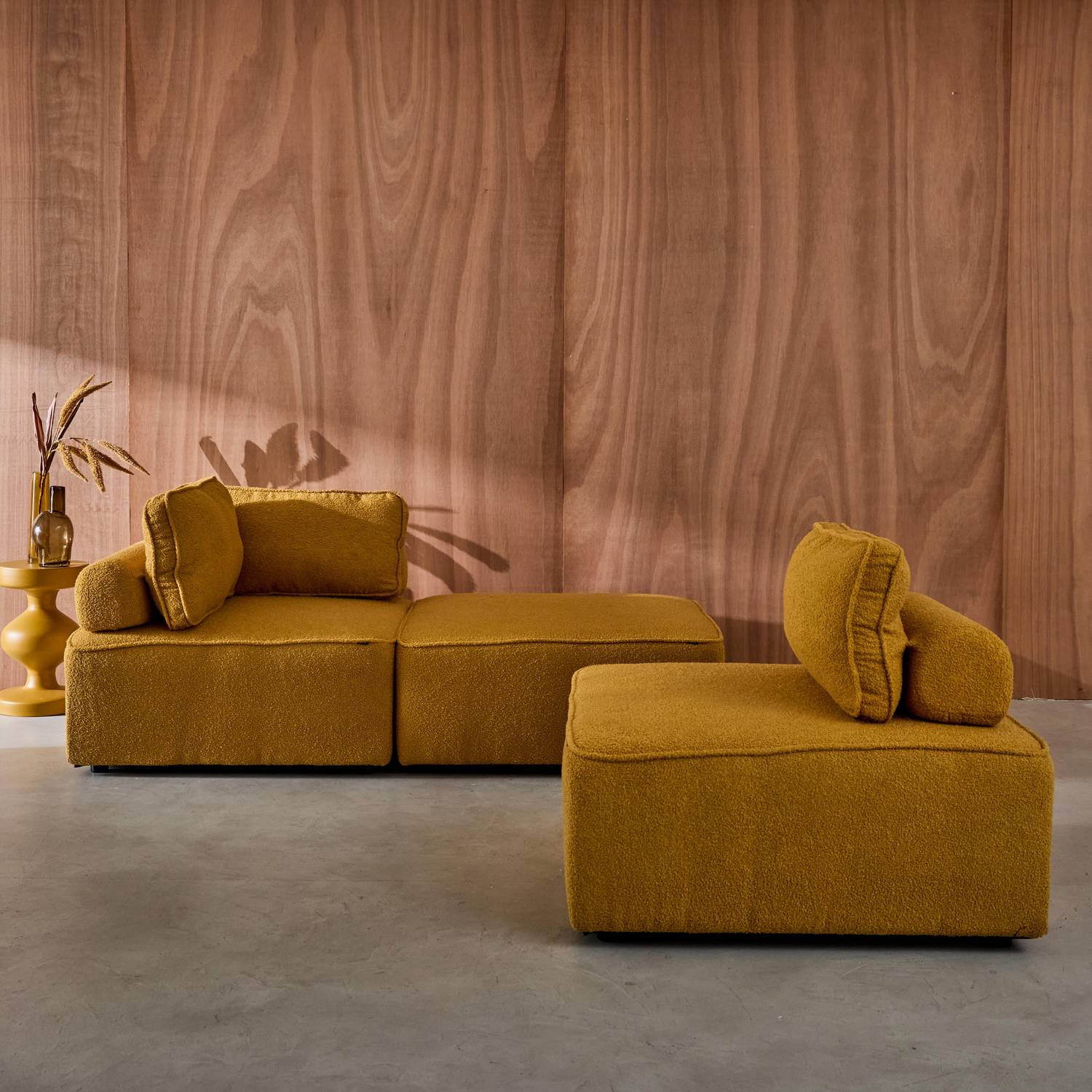 Lot de 3 chauffeuses pour canapé modulable tissu bouclette moutarde 1 place Bao, L 90 x P 90 x H 74cm Photo3 Lot de 3 chauffeuses pour canapé modulable tissu bouclette moutarde 1 place Bao, L 90 x P 90 x H 74cm Photo3