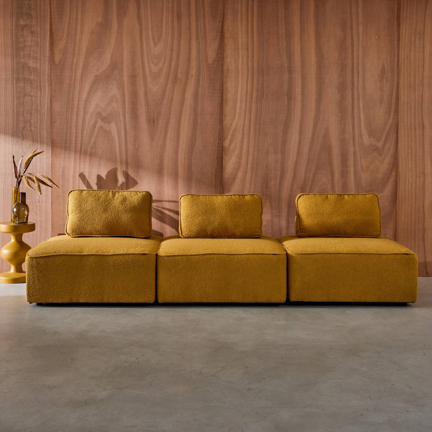 Lot de 3 chauffeuses pour canapé modulable tissu bouclette moutarde 1 place Bao, L 90 x P 90 x H 74cm Photo2 Lot de 3 chauffeuses pour canapé modulable tissu bouclette moutarde 1 place Bao, L 90 x P 90 x H 74cm Photo2