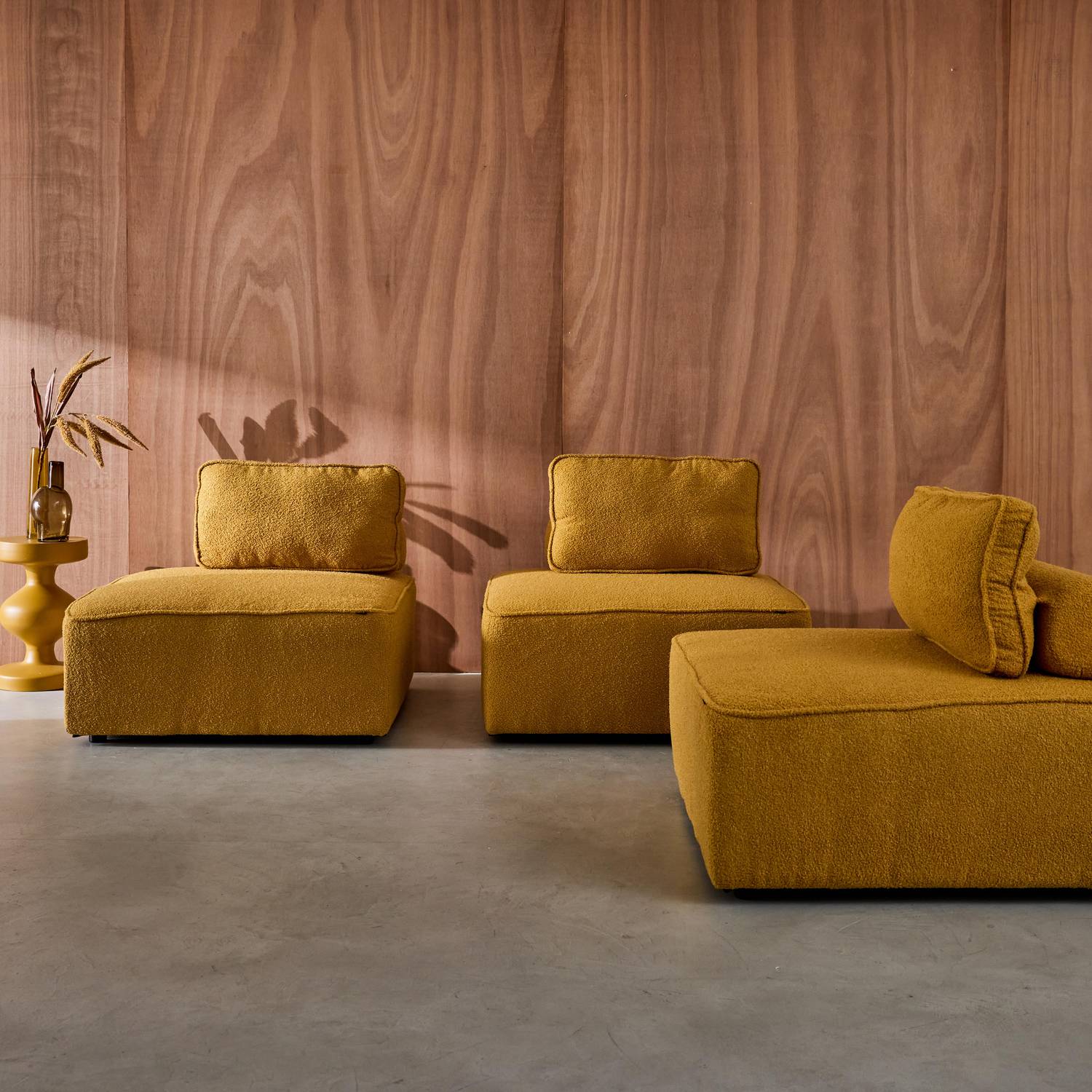 Lot de 3 chauffeuses pour canapé modulable tissu bouclette moutarde 1 place Bao, L 90 x P 90 x H 74cm Photo1 Lot de 3 chauffeuses pour canapé modulable tissu bouclette moutarde 1 place Bao, L 90 x P 90 x H 74cm Photo1