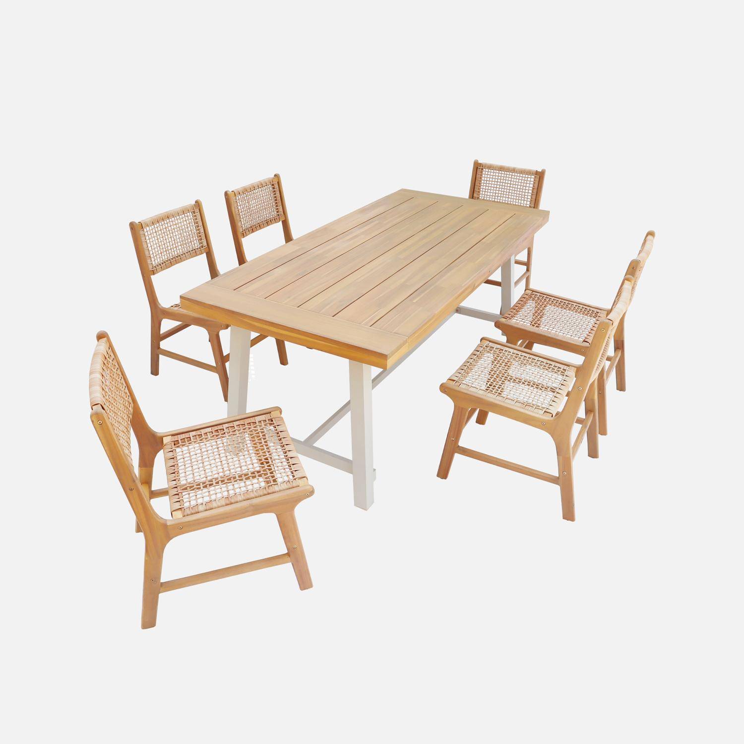 Table intérieur/extérieur bois d'acacia et métal 6 chaises résine tressée Photo1