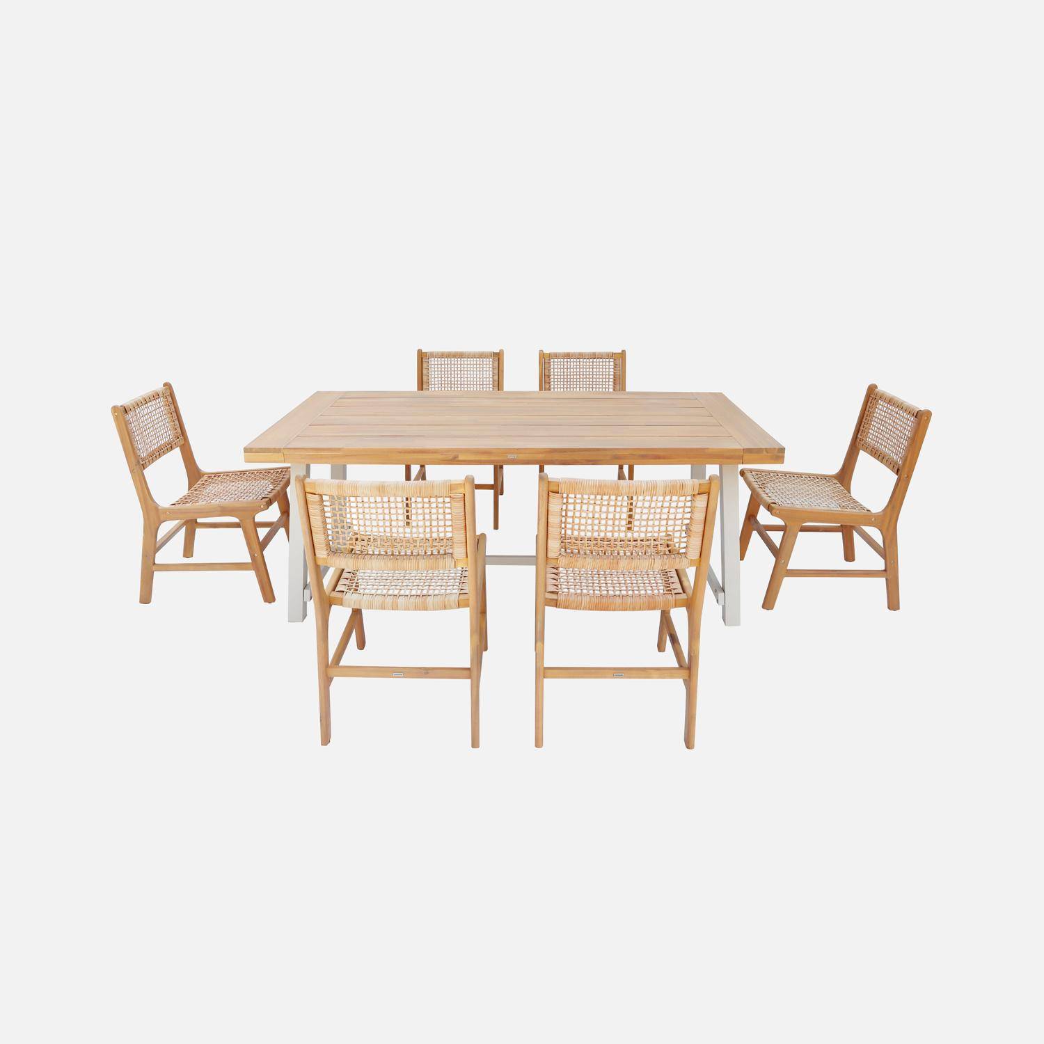 Table intérieur/extérieur bois d'acacia et métal 6 chaises résine tressée Photo2