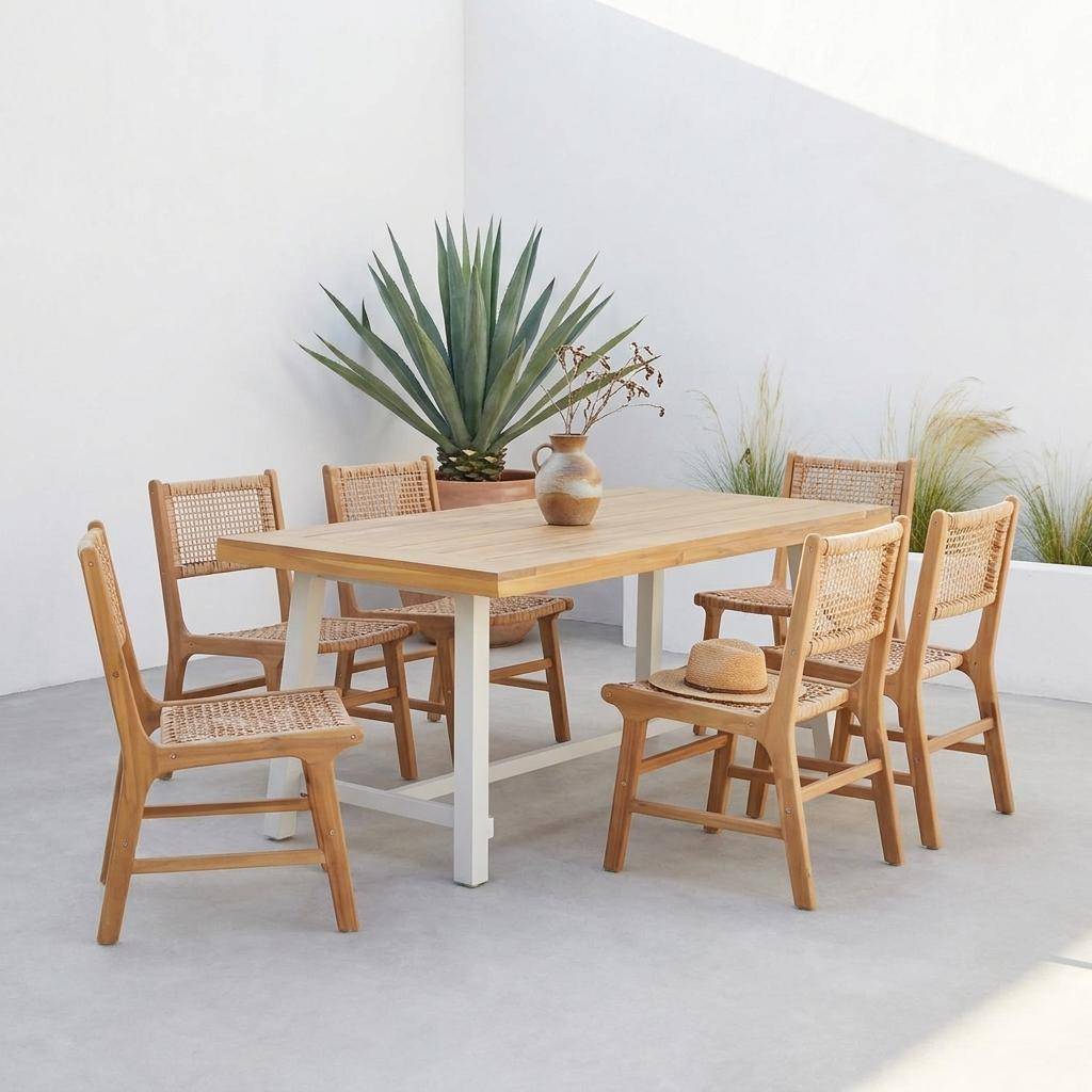 Table intérieur/extérieur bois d'acacia et métal 6 chaises résine tressée,sweeek,Photo1