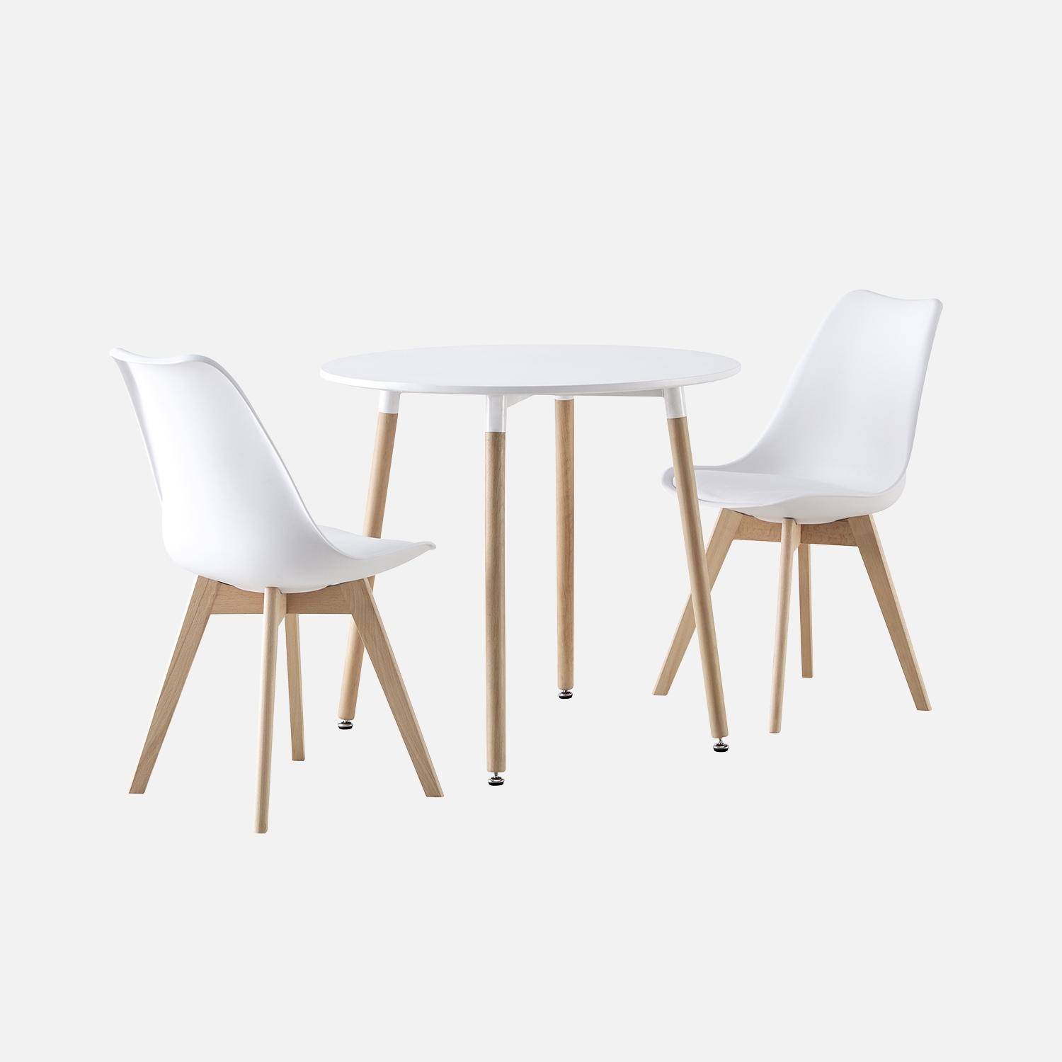 Conjunto de mesa de comedor redonda 80cm + 2 sillas escandinavas, Hedvig, Blanco, 80x80x73 cm Photo1