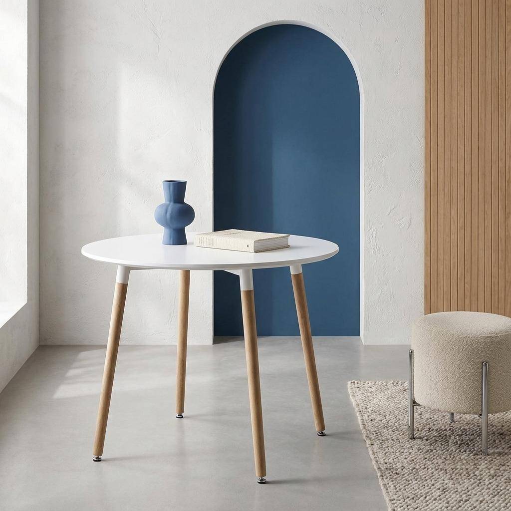 Mesa de comedor redonda de MDF y madera de haya, 80cm, Hedvig, Blanco, 80x80x73 cm,sweeek,Photo1
