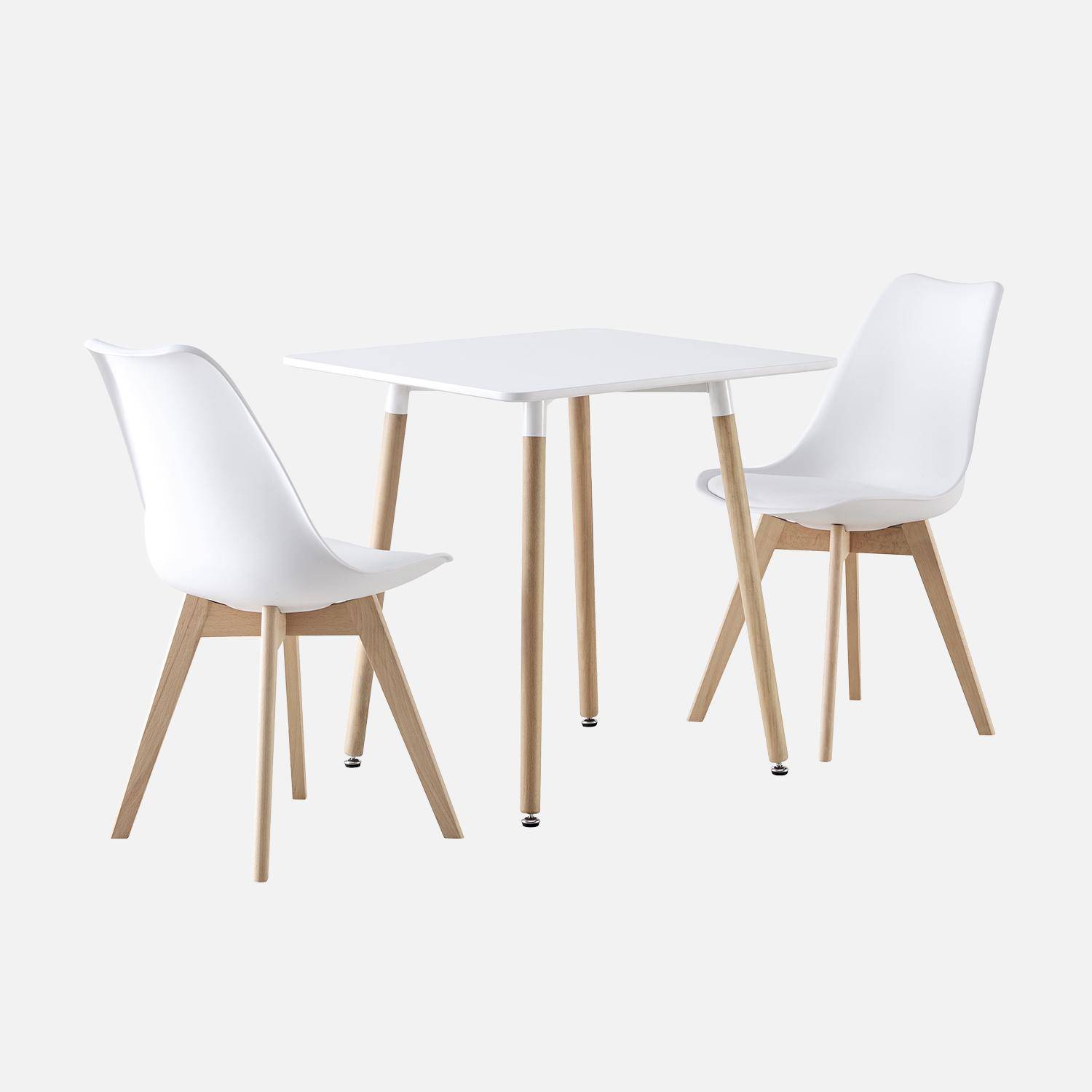 Conjunto de mesa de comedor cuadrada 70cm + 2 sillas escandinavas , Hedvig, Blanco, 70x70x73 cm Photo1