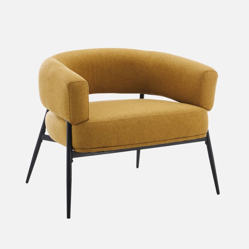 Fauteuil tissu moutarde dossier incurvé piétement métal