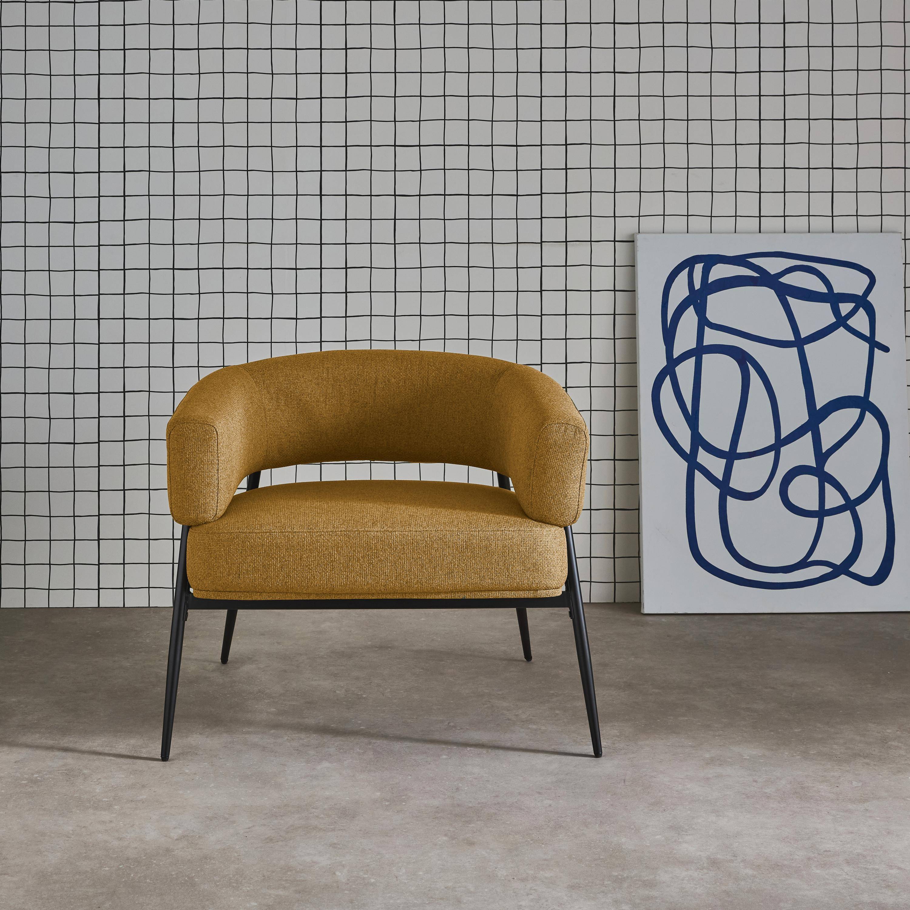 Fauteuil tissu moutarde dossier incurvé piétement métal L 81,5 x P 72,5 x H 69 cm - Cristo,sweeek,Photo2