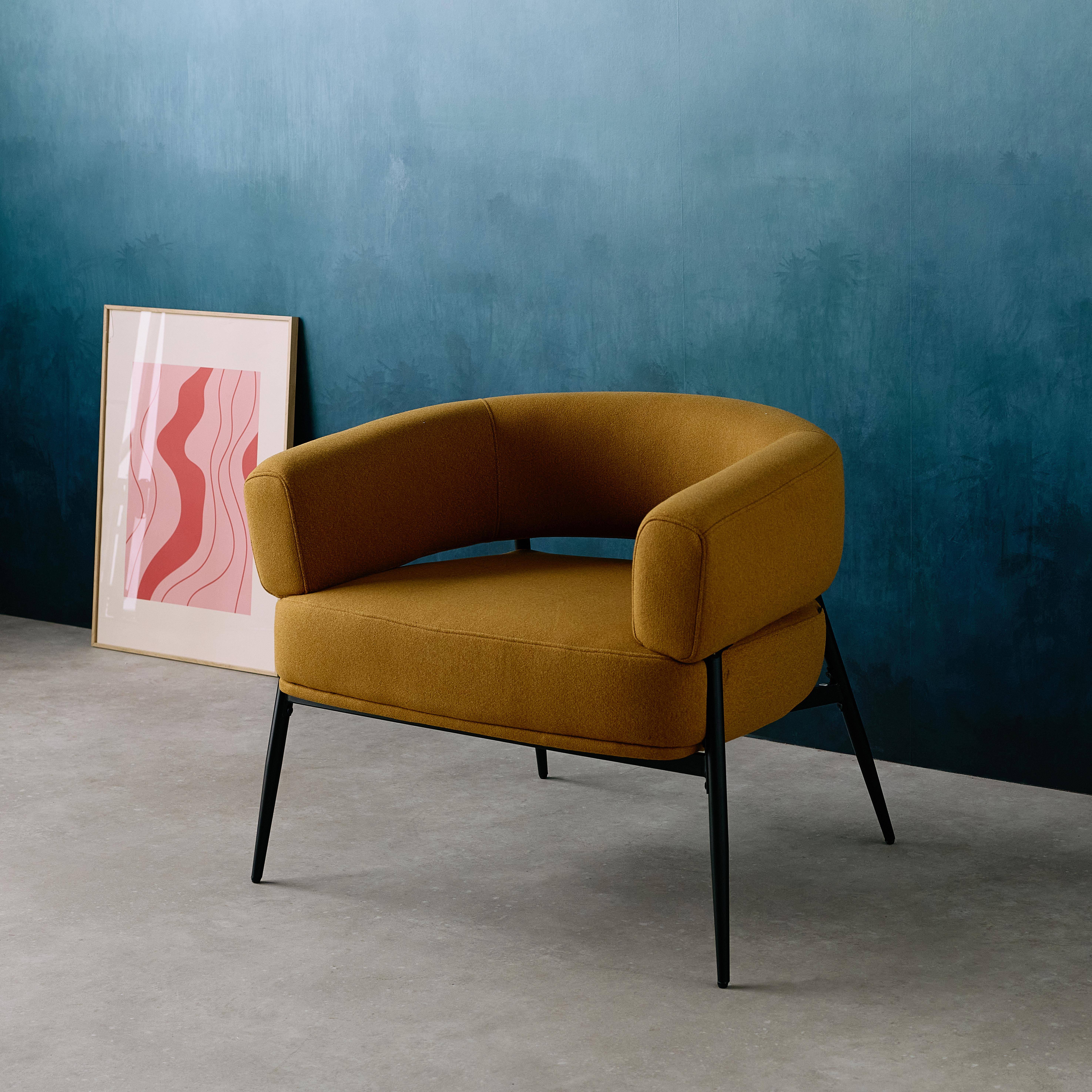 Fauteuil tissu moutarde dossier incurvé piétement métal L 81,5 x P 72,5 x H 69 cm - Cristo,sweeek,Photo4