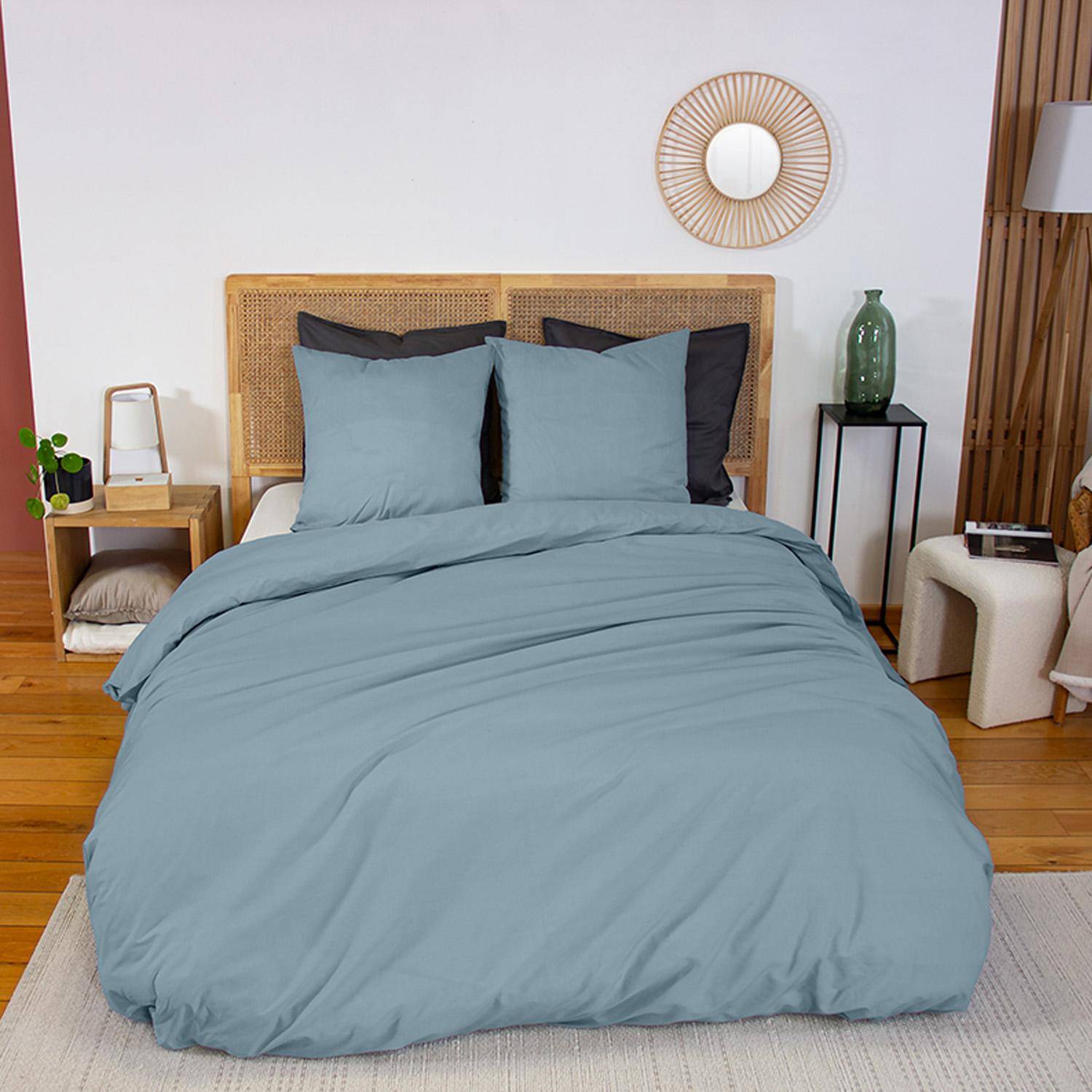 Parure de lit percale de coton 2 places bleu fumé Skala 260x240cm Photo1