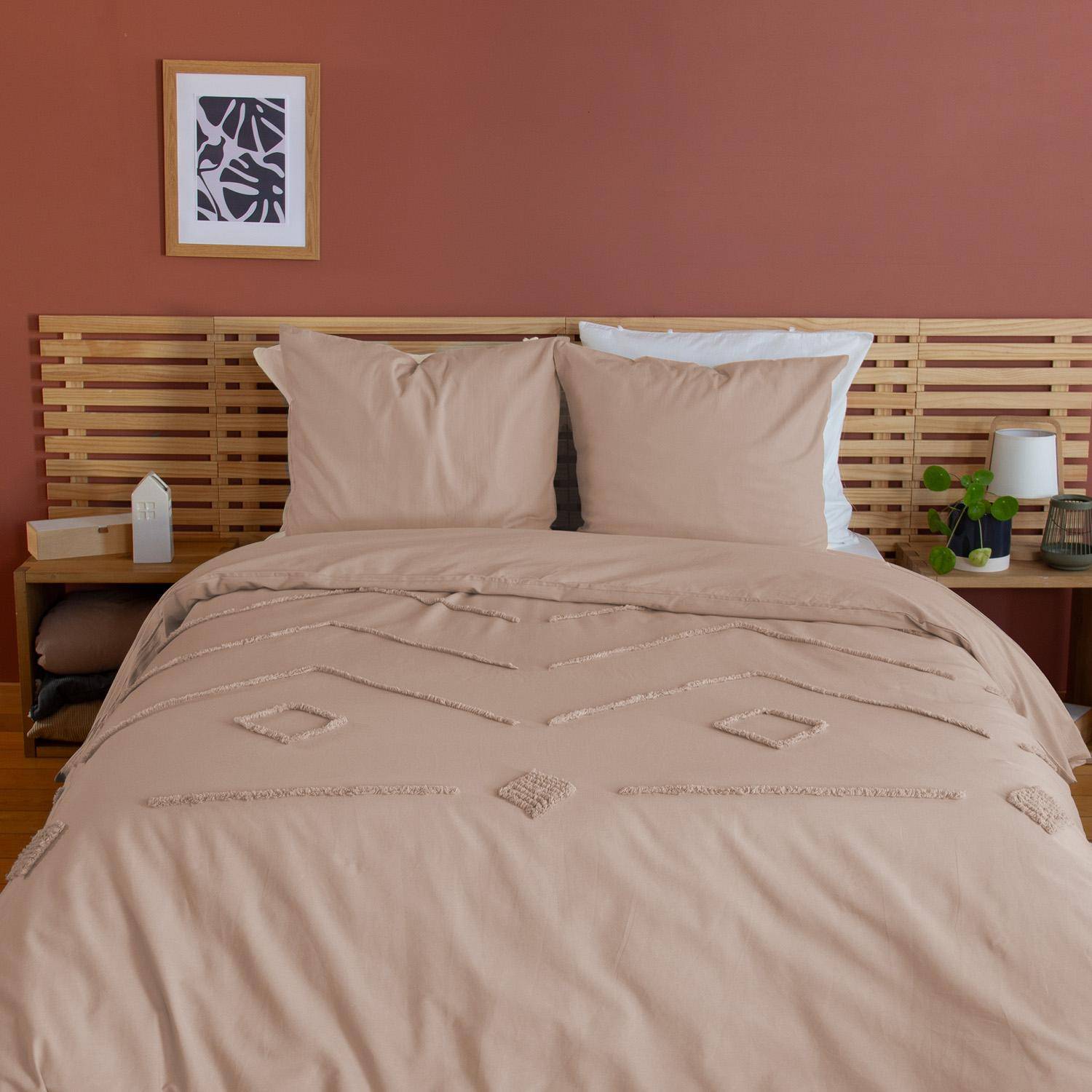 2-persoons beddengoedset, gewassen katoen, poederroze geometrische motieven, 1 hoes 260x240cm + 2 kussenslopen 63x63cm,sweeek,Photo1