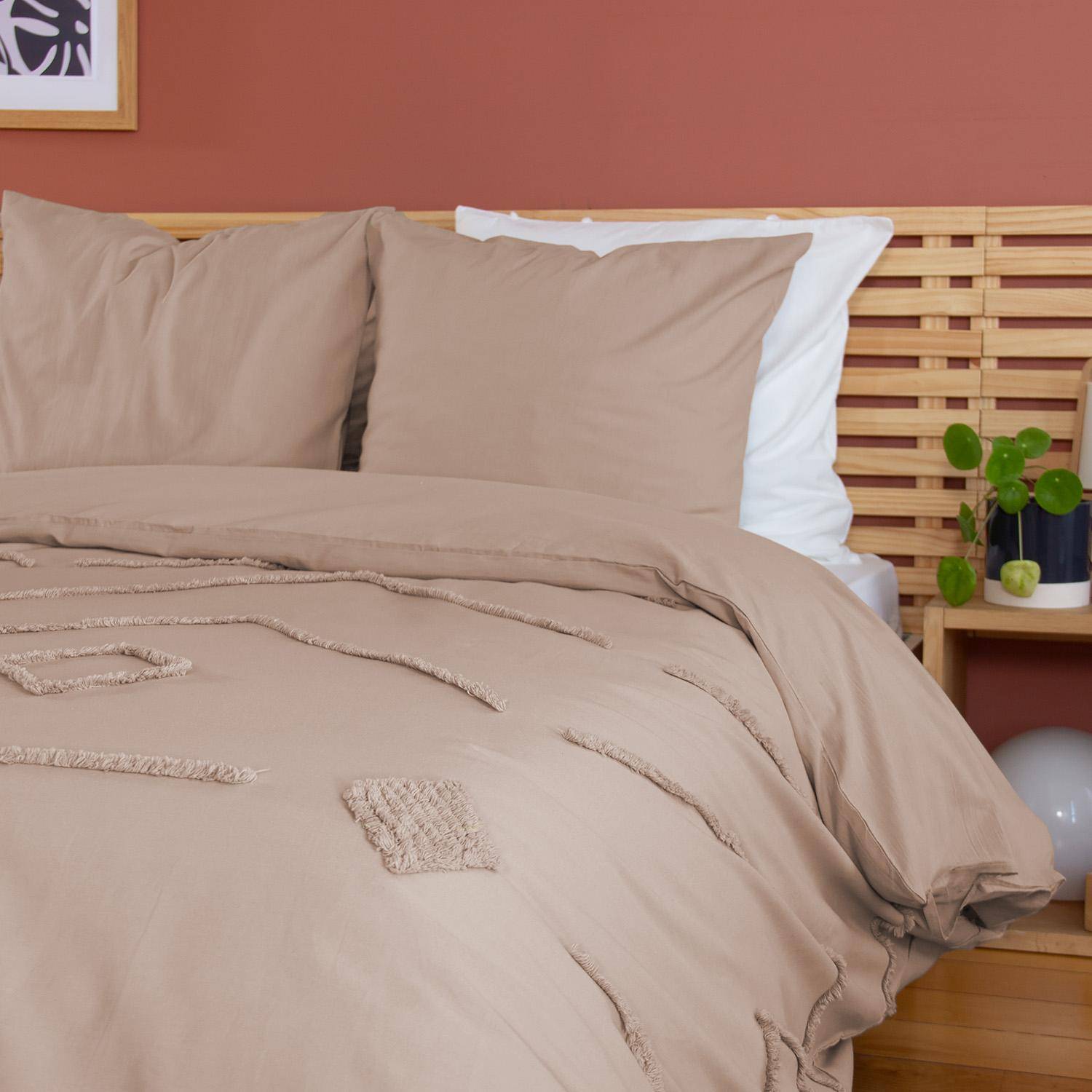 2-persoons beddengoedset, gewassen katoen, poederroze geometrische motieven, 1 hoes 260x240cm + 2 kussenslopen 63x63cm Photo2