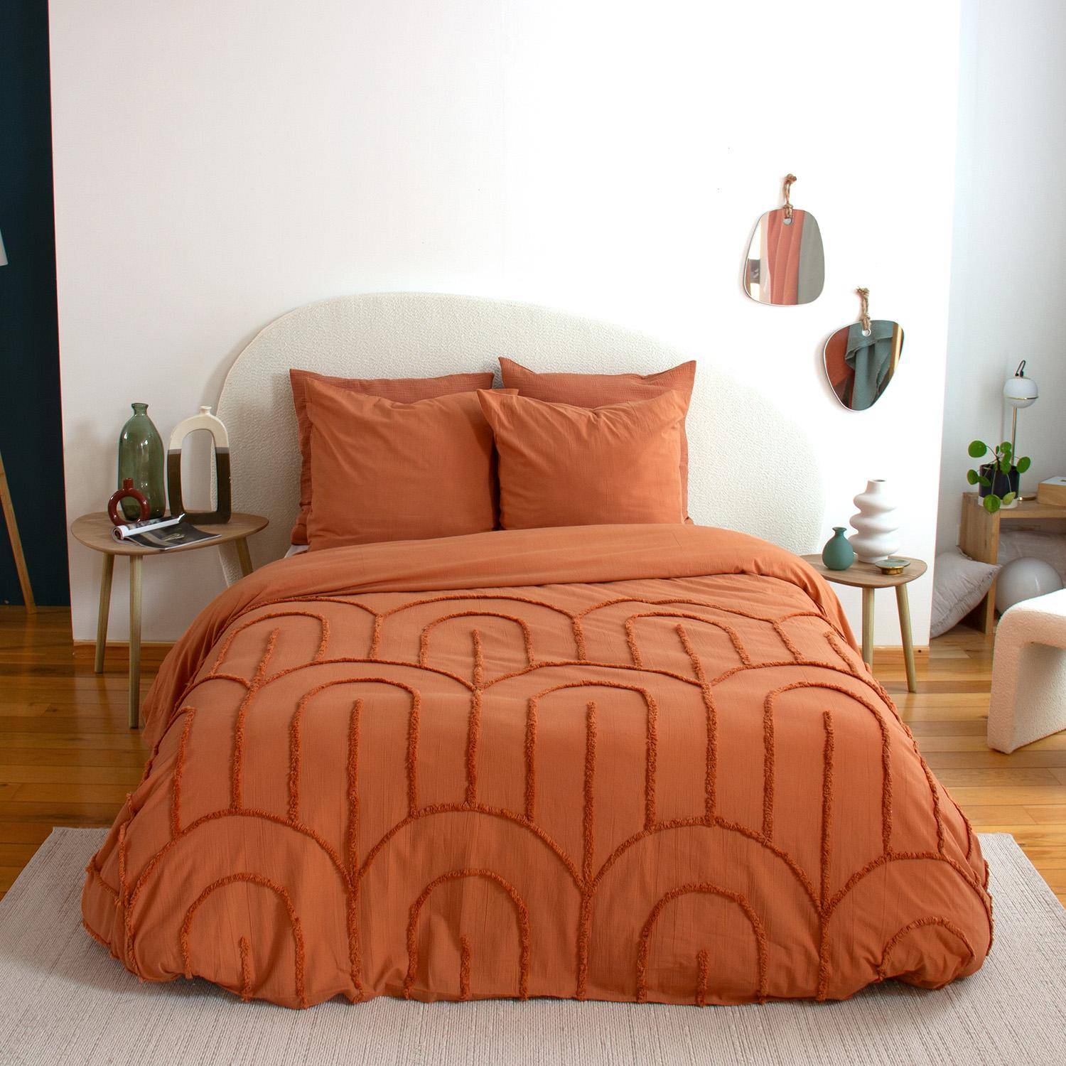 Parure de lit coton lavé tufté motifs arches rétro 2 places terracotta, 1 housse 240x220 cm + 2 taies 63x63cm,sweeek,Photo1