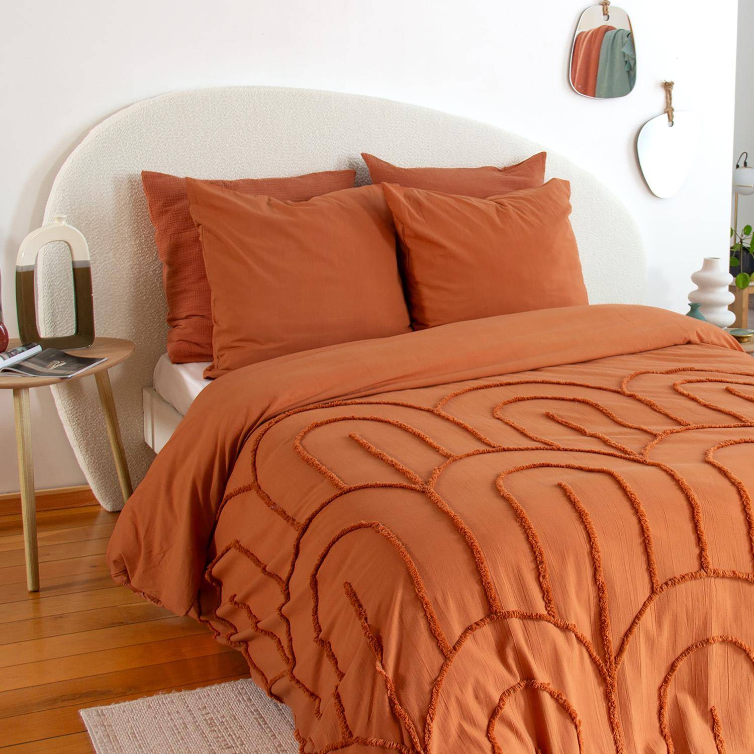 Parure de lit coton lavé tufté motifs arches rétro 2 places terracotta, 1 housse 240x220 cm + 2 taies 63x63cm,sweeek,Photo2