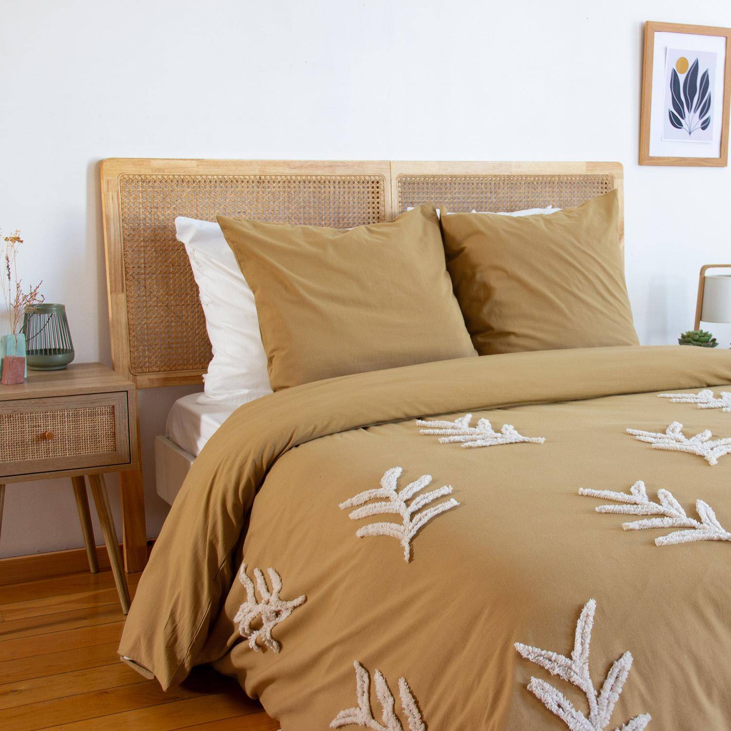 Parure de lit coton lavé tufté motifs végétaux 2 places moutarde, 1 housse 260x240cm + 2 taies 63x63cm,sweeek,Photo2