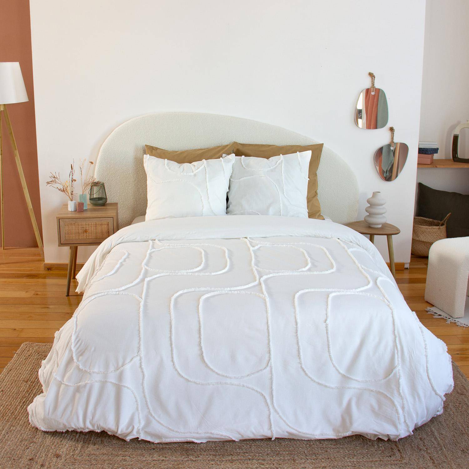 Parure de lit coton lavé tufté motifs arrondis 2 places blanc, 1 housse 240x220cm + 2 taies 63x63cm Photo1