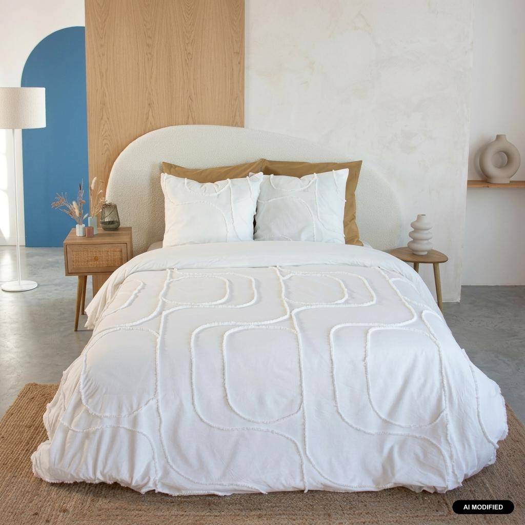 Parure de lit coton lavé tufté motifs arrondis 2 places blanc, 1 housse 240x220cm + 2 taies 63x63cm,sweeek,Photo1