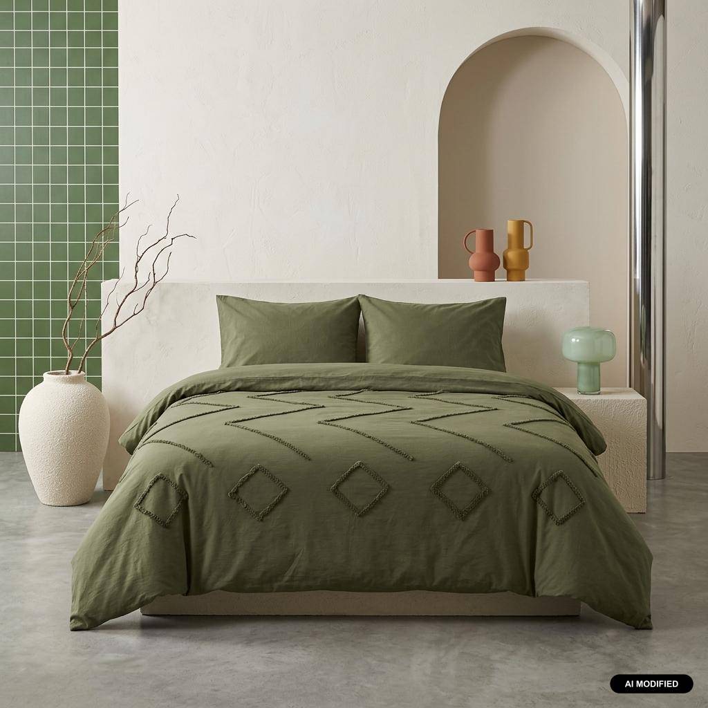 Parure de lit coton lavé tufté motifs ethniques 2 places vert, 1 housse 240x220cm + 2 taies 63x63cm Photo1