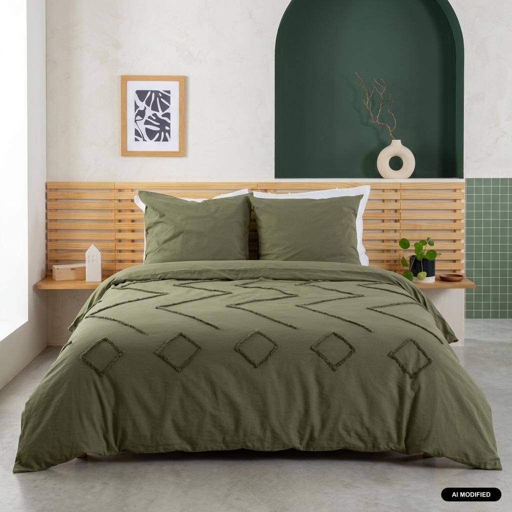Parure de lit coton lavé tufté motifs ethniques 2 places vert, 1 housse 260x240cm + 2 taies 63x63cm Photo1