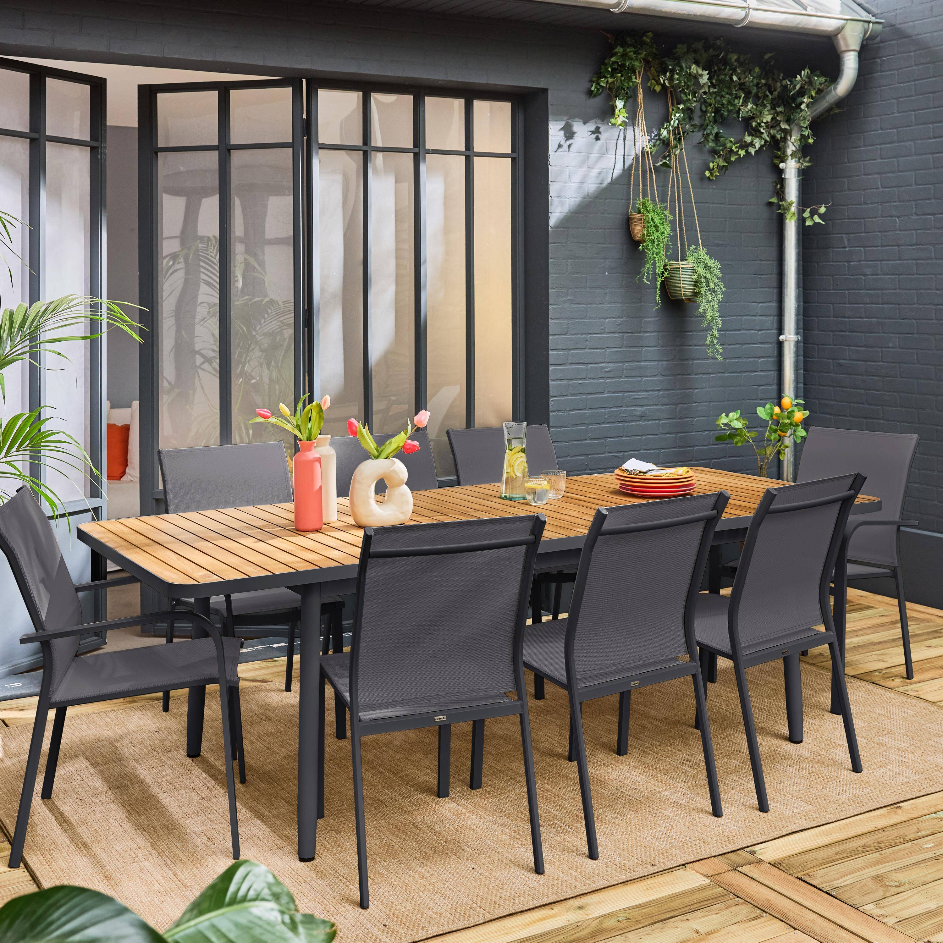 Table de jardin extensible teck et aluminium anthracite 8 chaises 2 fauteuils 190/240cm Photo1