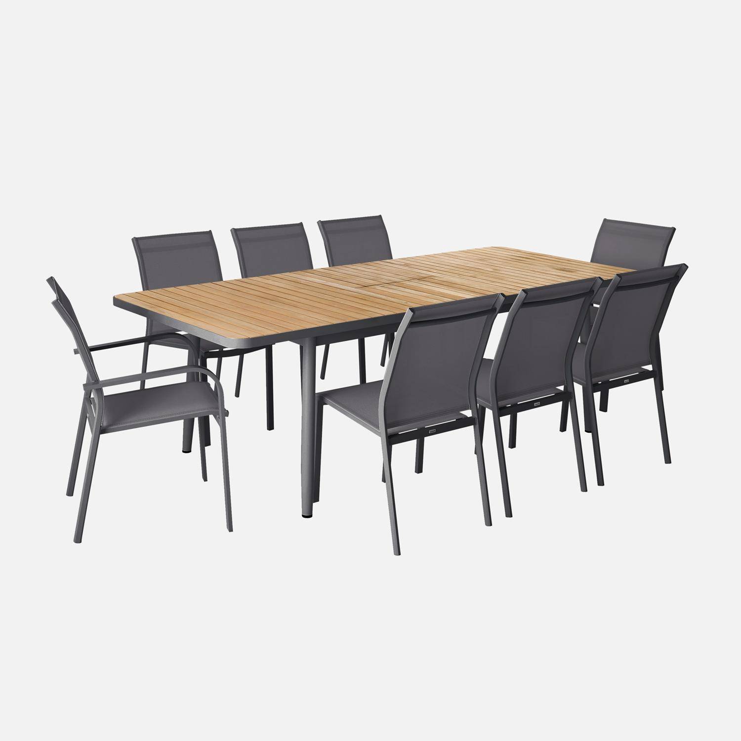 Table de jardin extensible teck et aluminium anthracite 8 chaises 2 fauteuils 190/240cm Photo2