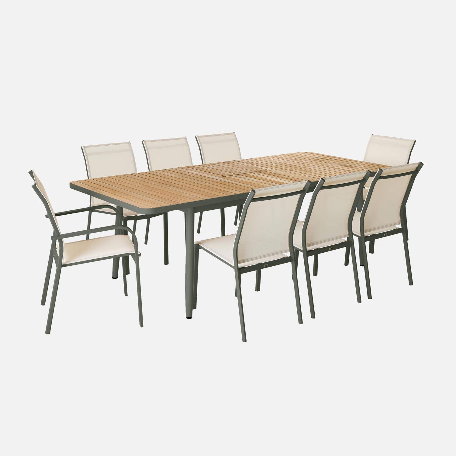 Table de jardin extensible teck et aluminium kaki 8 chaises 2 fauteuils 190/240cm Photo1