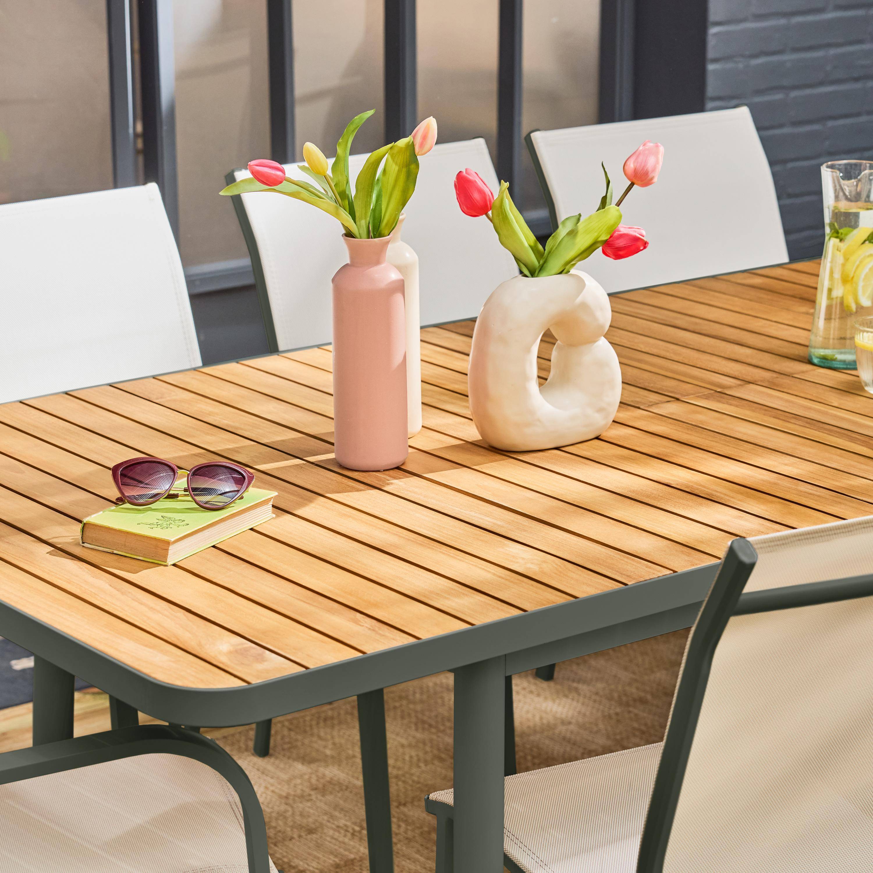 Teak and aluminium extendable garden table 8 chairs 2 armchairs, CLEVELAND + TENGARA + BUFFALO, Khaki Green, 240x100x75 cm,sweeek,Photo3