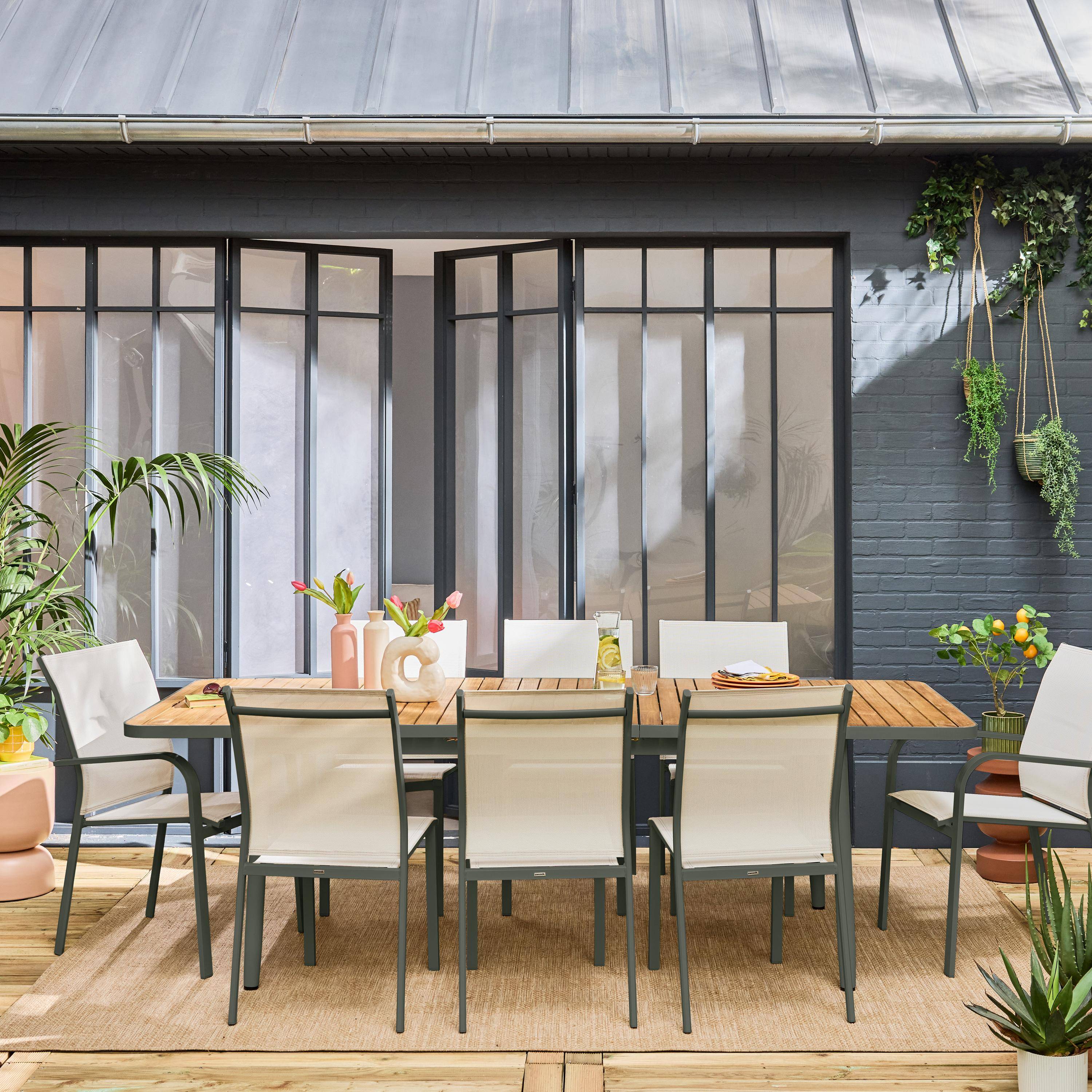 Teak and aluminium extendable garden table 8 chairs 2 armchairs, CLEVELAND + TENGARA + BUFFALO, Khaki Green, 240x100x75 cm Photo2