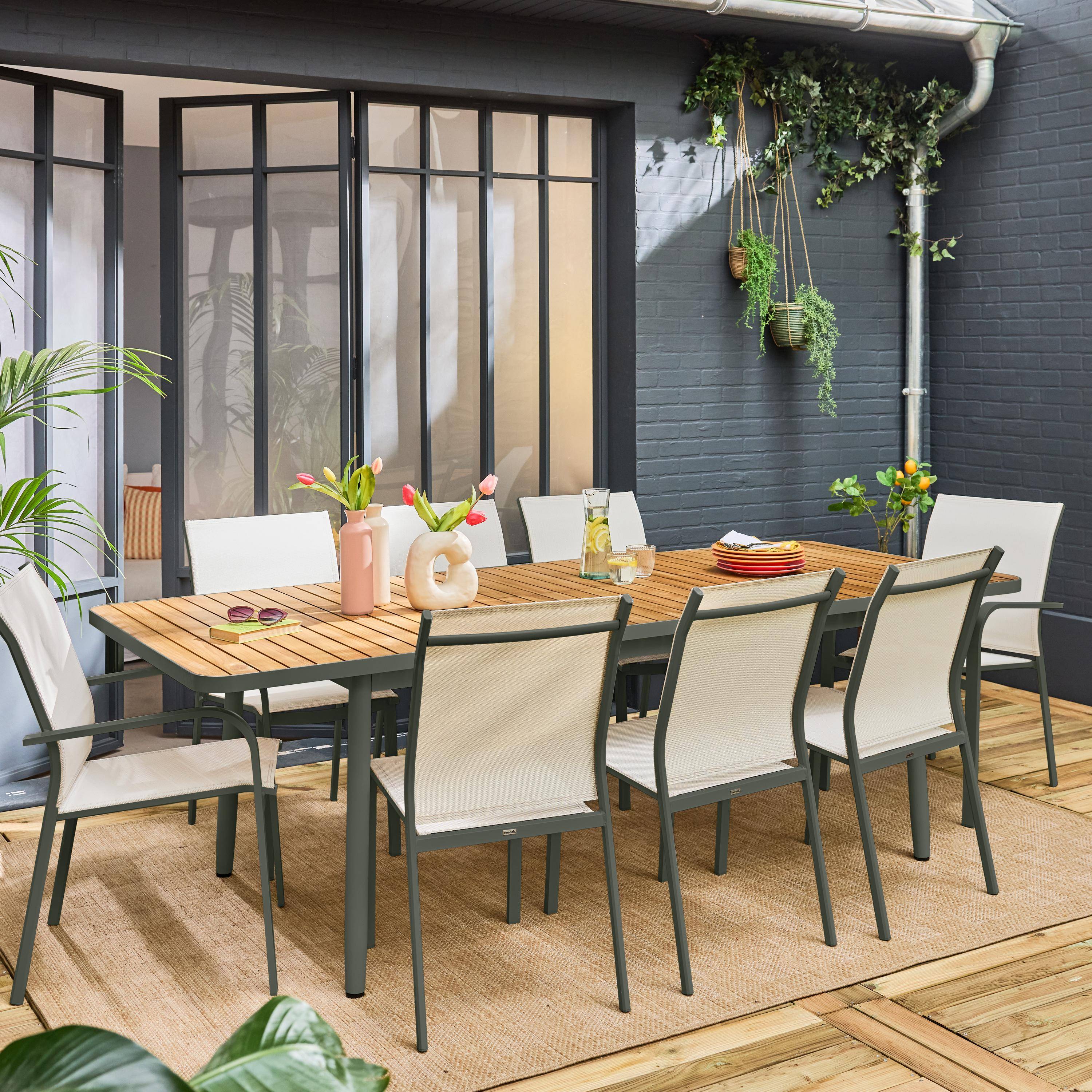 Teak and aluminium extendable garden table 8 chairs 2 armchairs, CLEVELAND + TENGARA + BUFFALO, Khaki Green, 240x100x75 cm Photo1