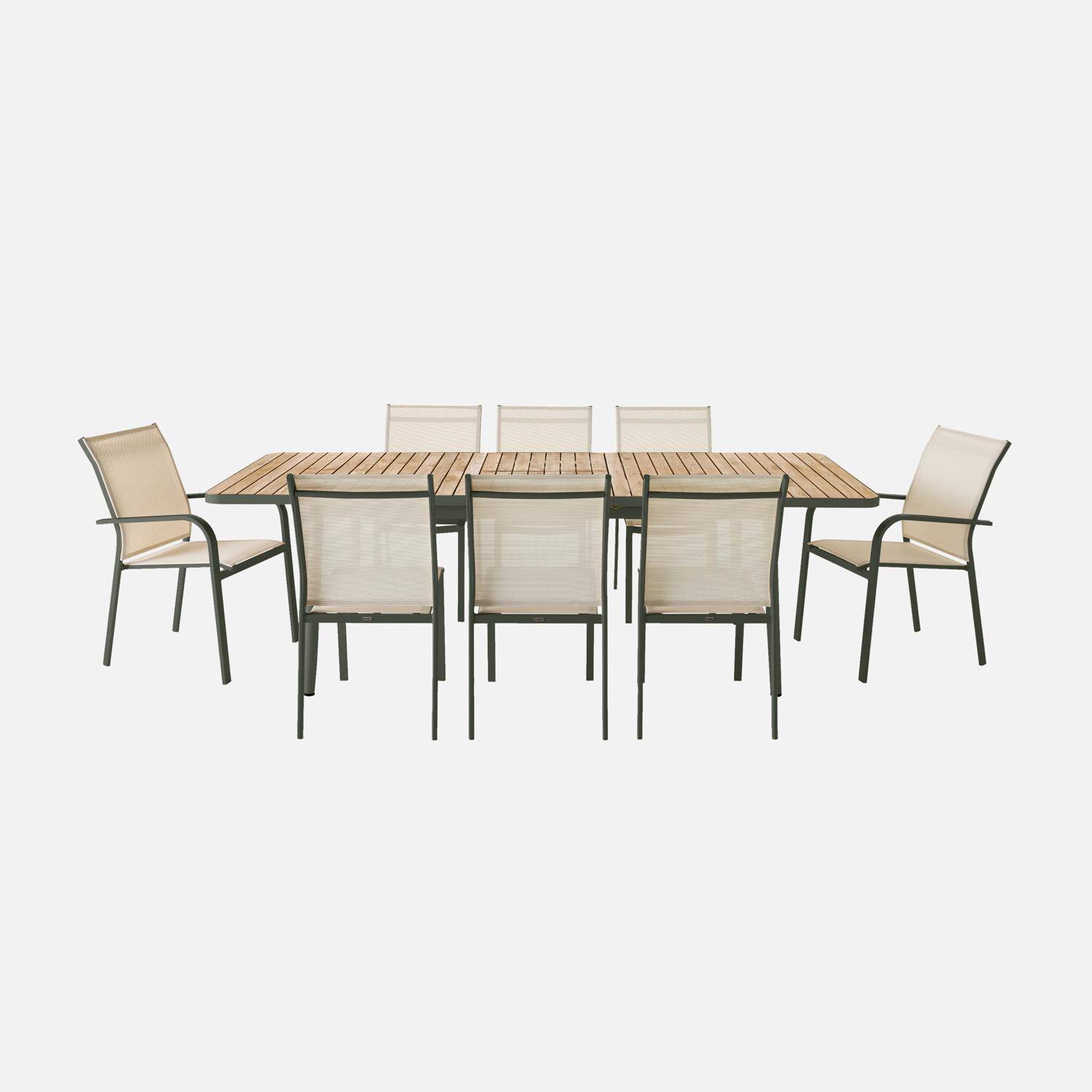 Table de jardin extensible teck et aluminium kaki 8 chaises 2 fauteuils 190/240cm Photo2