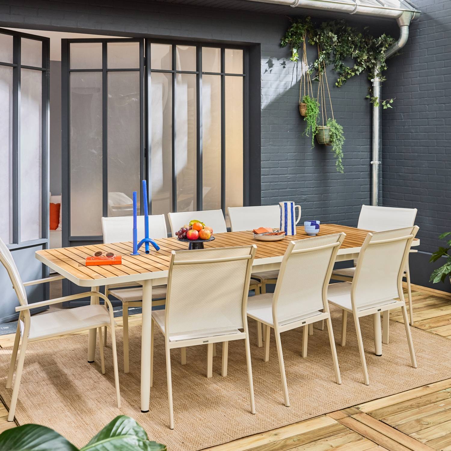 Table de jardin extensible 190/240 cm blanc 8 chaises 2 fauteuils