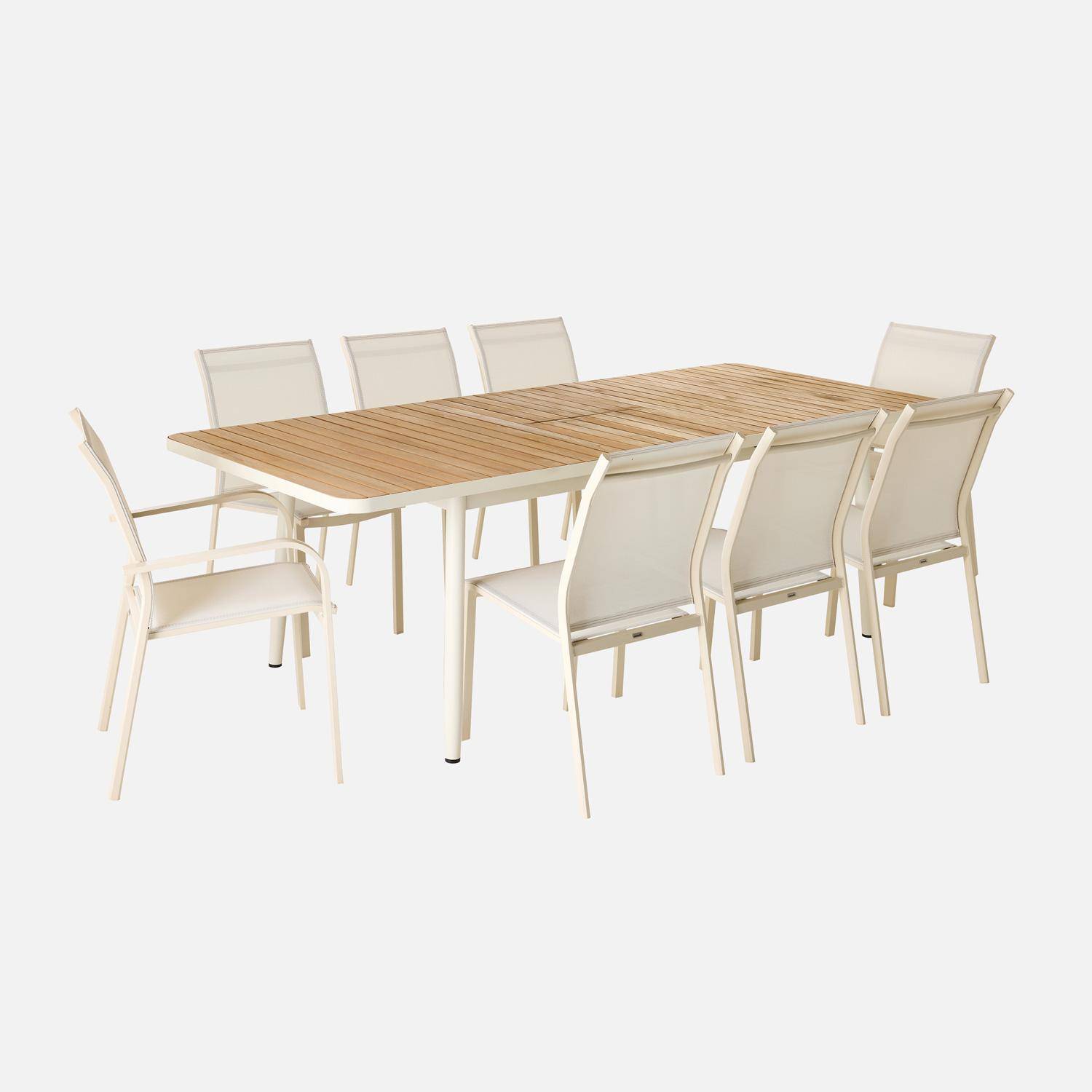 Table de jardin extensible teck et aluminium blanc 8 chaises 2 fauteuils 190/240cm,sweeek,Photo3