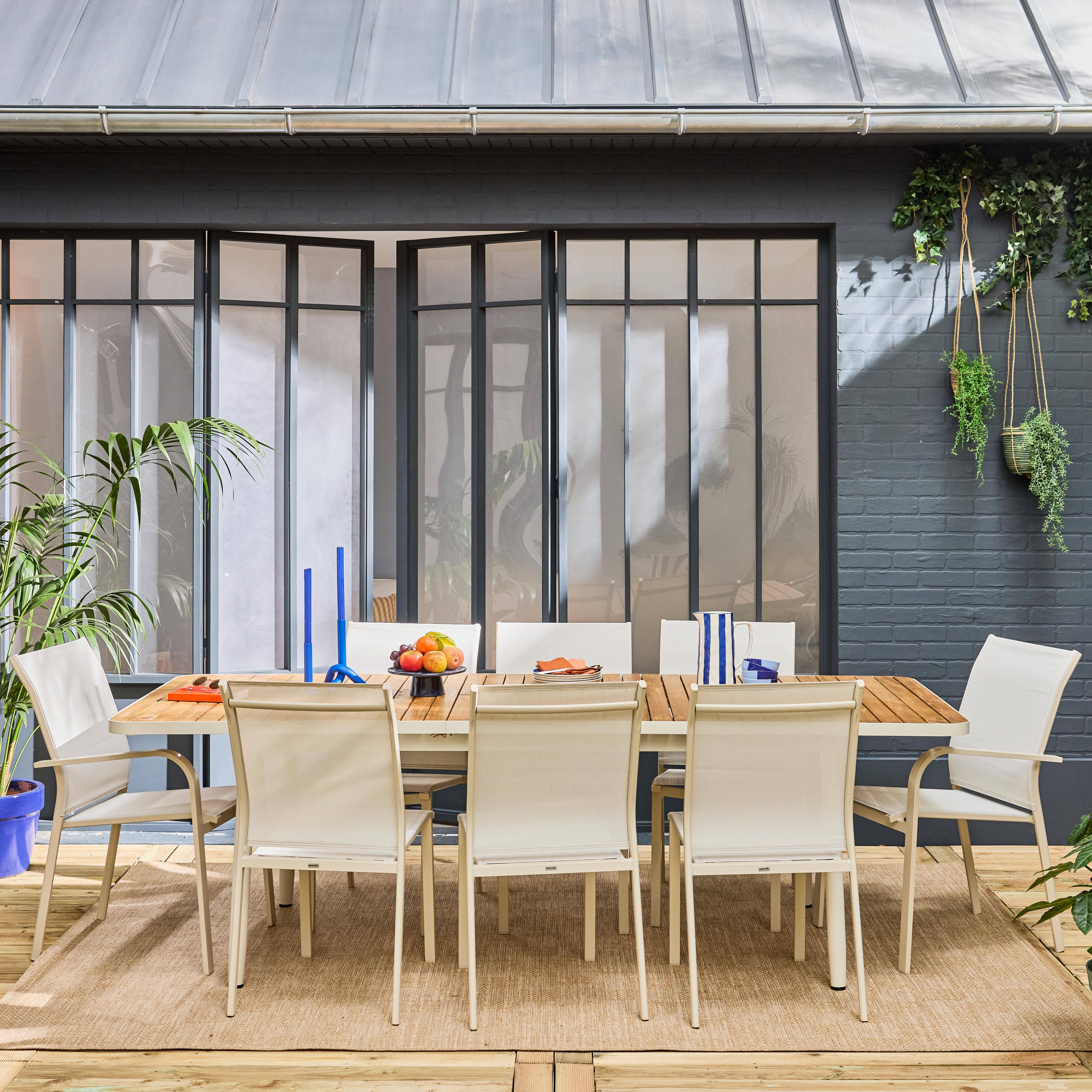 Table de jardin extensible teck et aluminium blanc 8 chaises 2 fauteuils 190/240cm Photo1